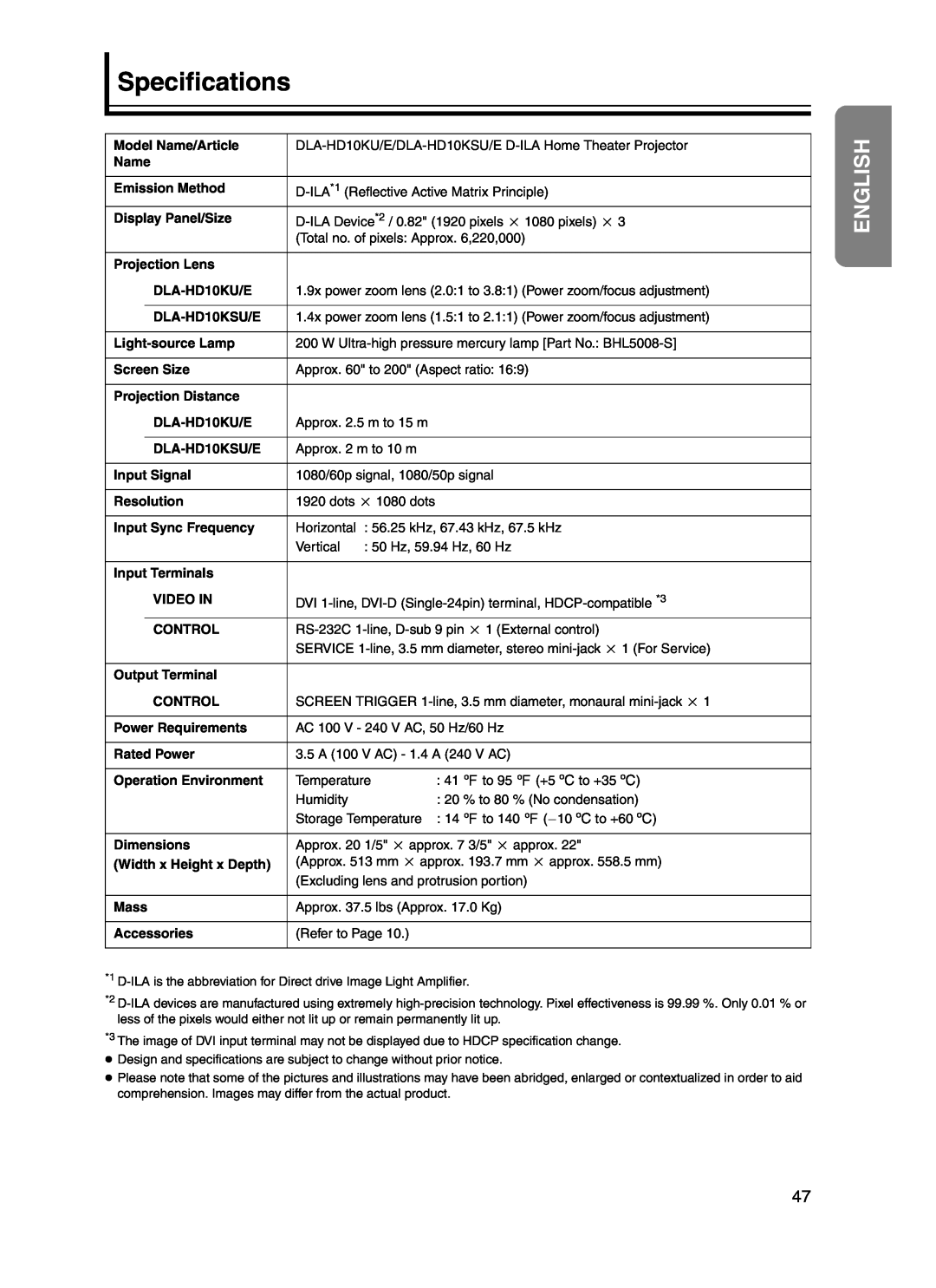 JVC DLA-HD10KSU/E, DLA-HD10KU/E manual Specifications 