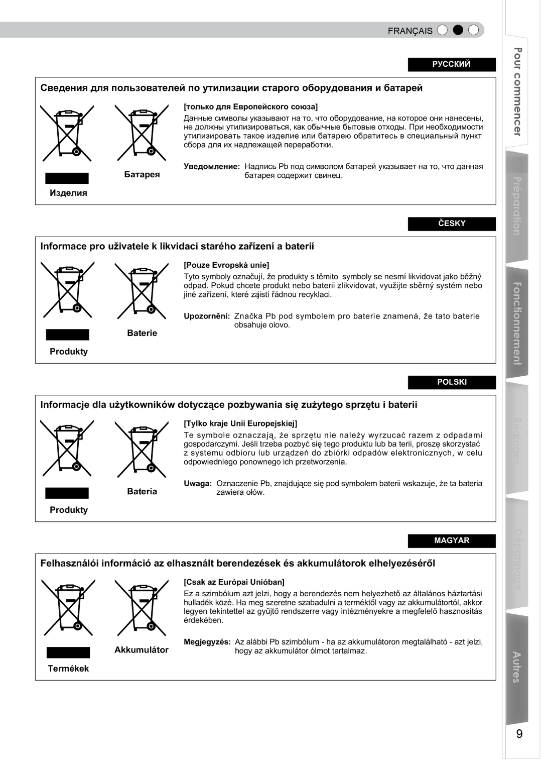 JVC DLA-HD350 manual Батарея Изделия, Baterie Produkty, Bateria Produkty, Akkumulátor Termékek 