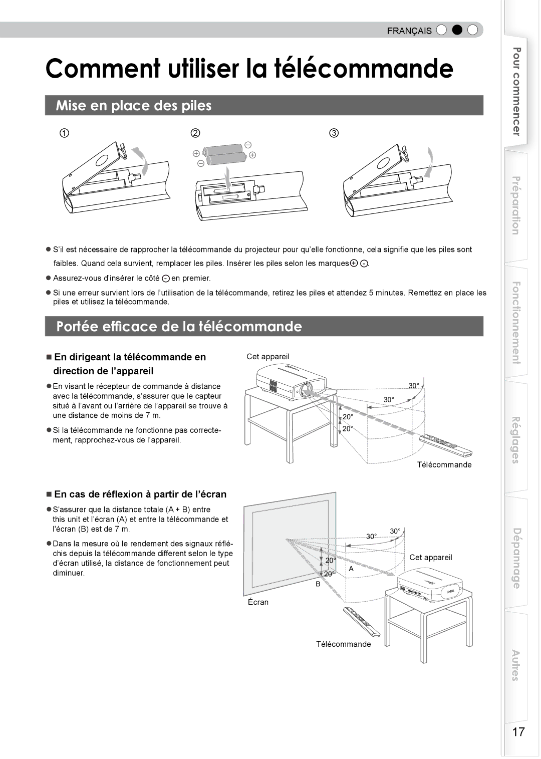 JVC DLA-HD350 manual Comment utiliser la télécommande, Mise en place des piles, Portée efficace de la télécommande 