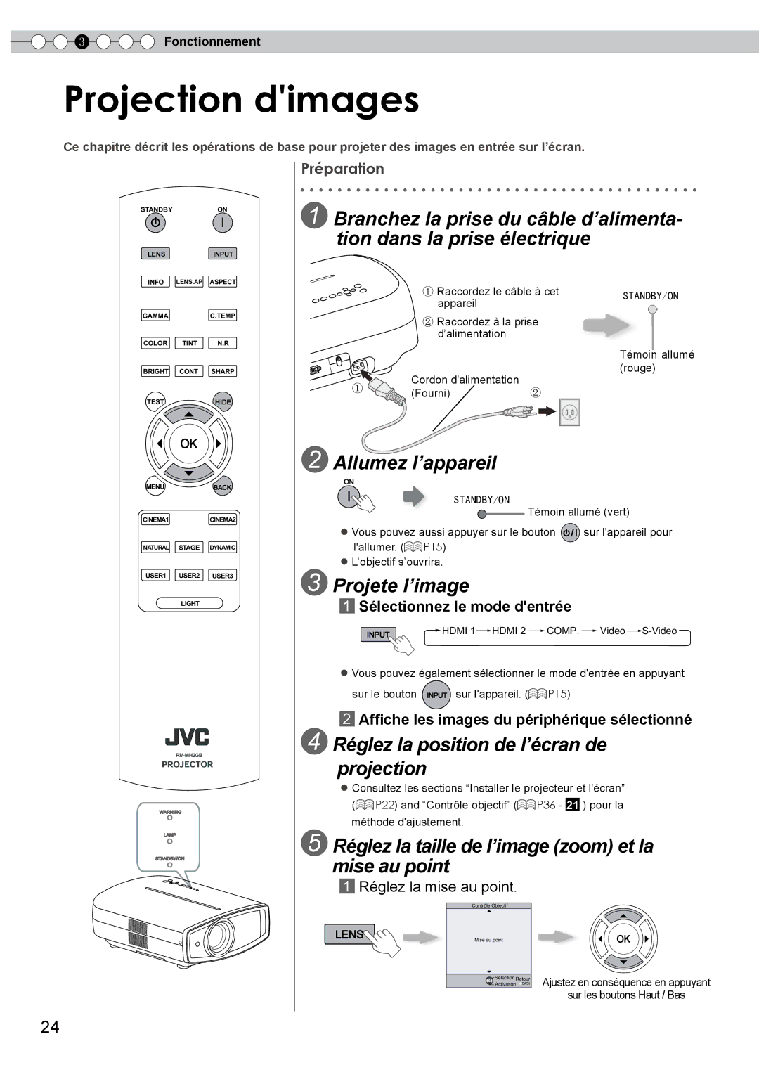 JVC DLA-HD350 manual Projection dimages, Allumez l’appareil, Projete l’image, Réglez la position de l’écran de projection 