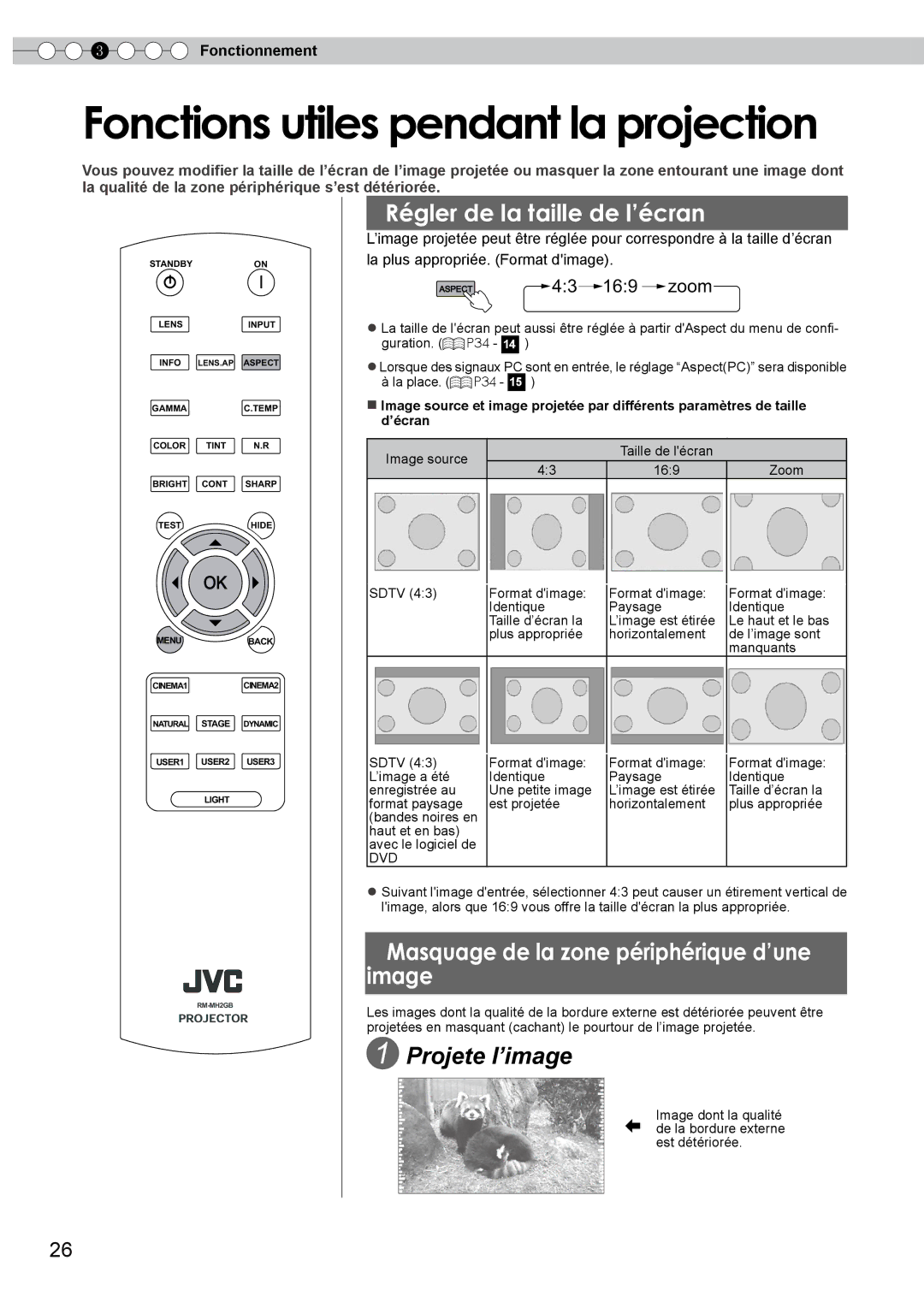 JVC DLA-HD350 manual Fonctions utiles pendant la projection, Régler de la taille de l’écran, Dvd 