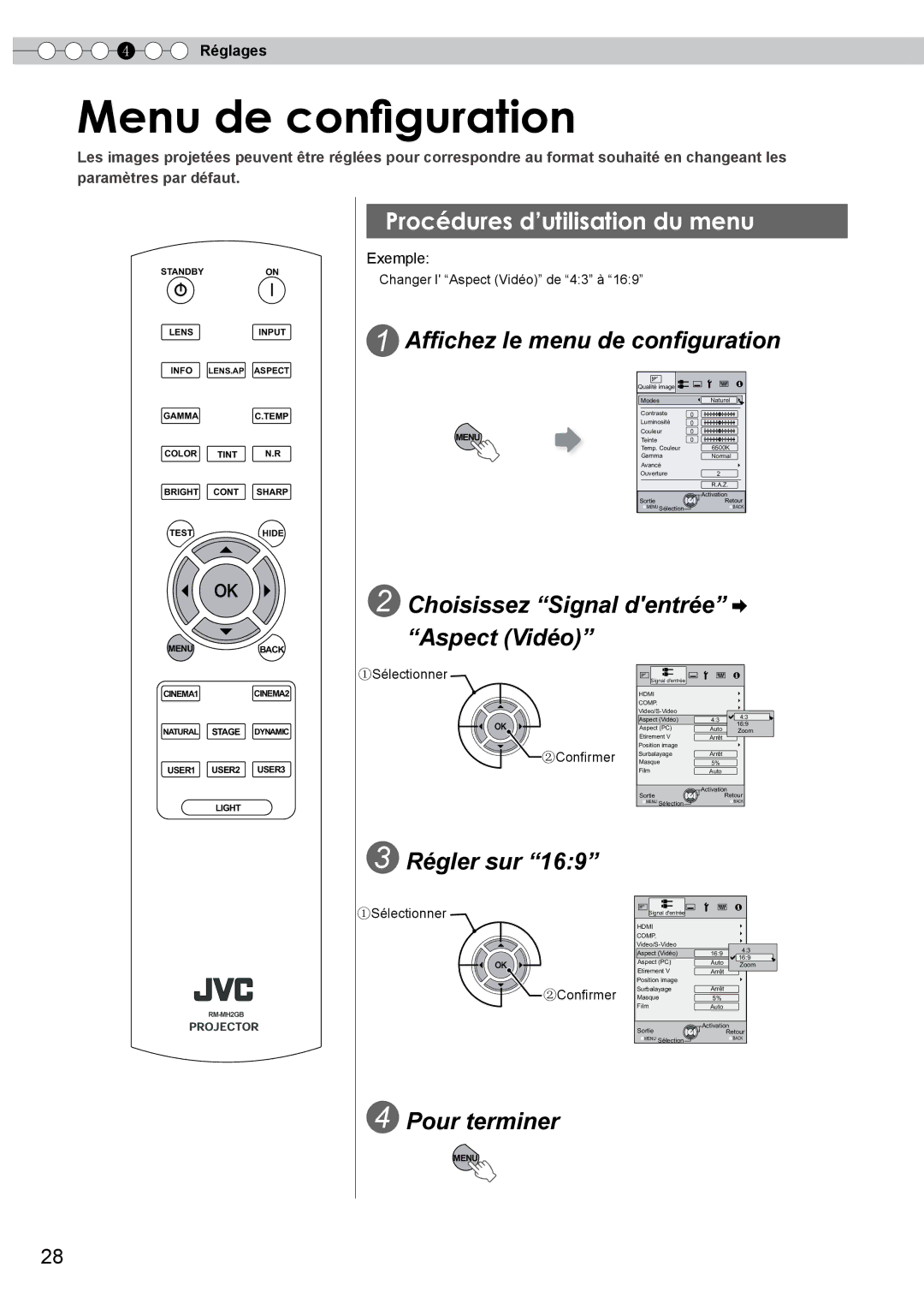 JVC DLA-HD350 manual Menu de configuration, Procédures d’utilisation du menu, Affichez le menu de configuration, Régler sur 