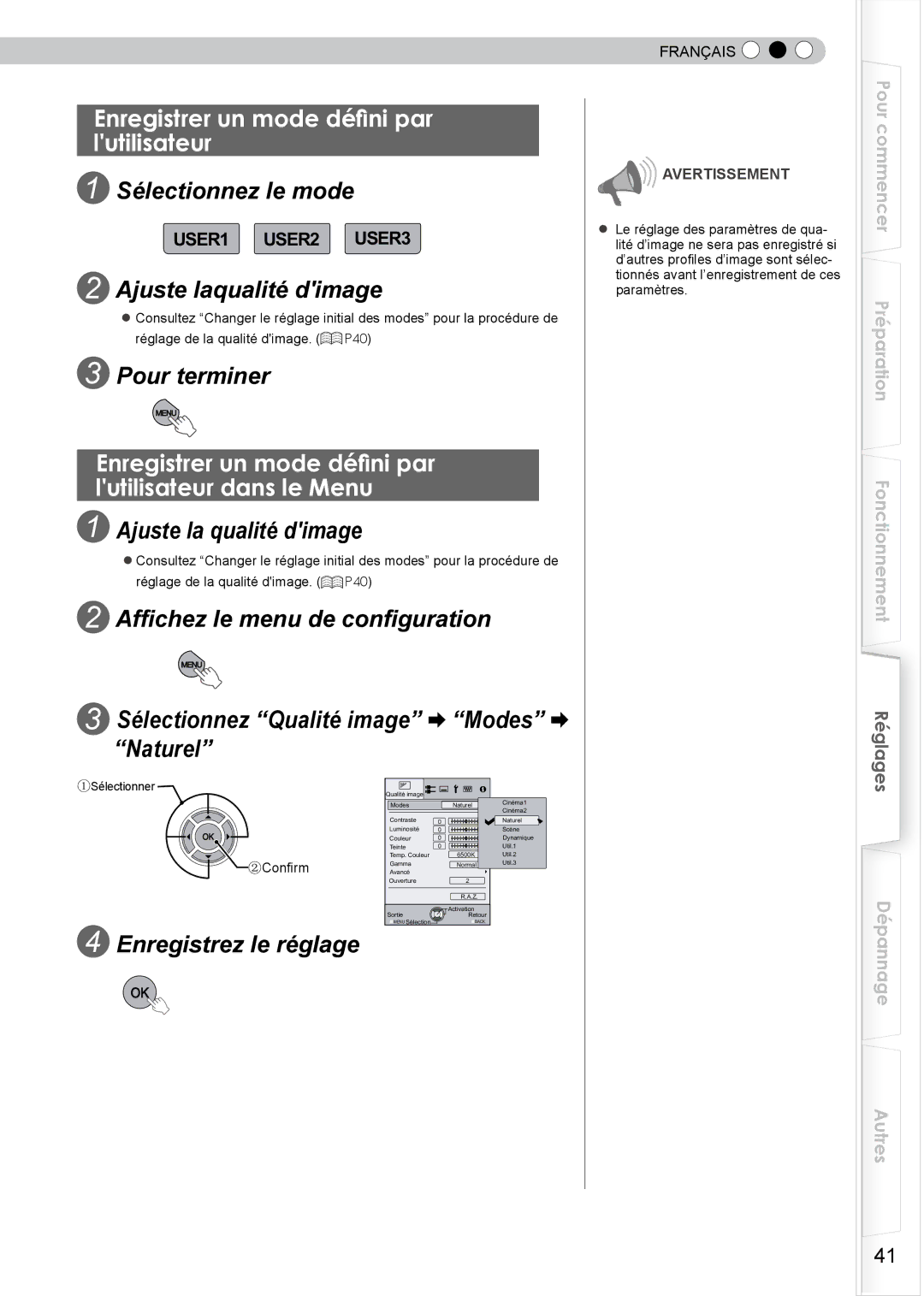 JVC DLA-HD350 manual Enregistrer un mode défini par lutilisateur dans le Menu 