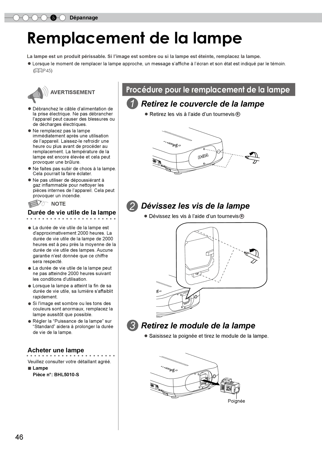 JVC DLA-HD350 manual Remplacement de la lampe, Retirez le couvercle de la lampe, Dévissez les vis de la lampe 