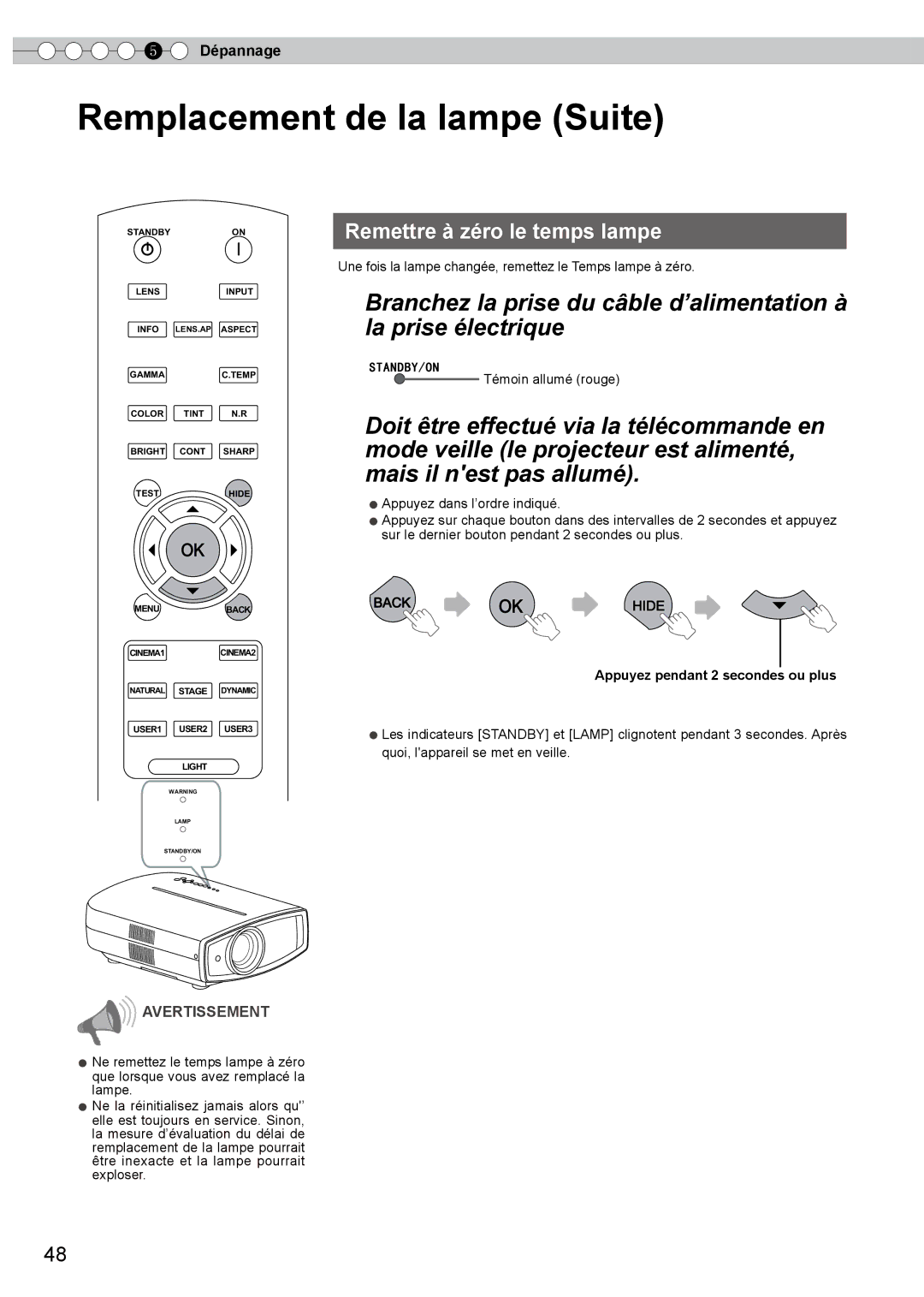 JVC DLA-HD350 manual Back, Appuyez pendant 2 secondes ou plus 