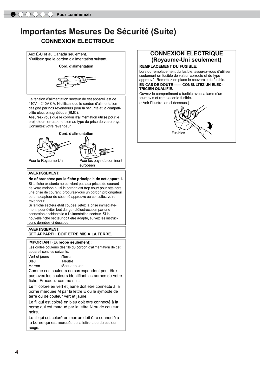 JVC DLA-HD350 Cord. d‘alimentation, Ne débranchez pas la fiche principale de cet appareil, Important Eureope seulement 