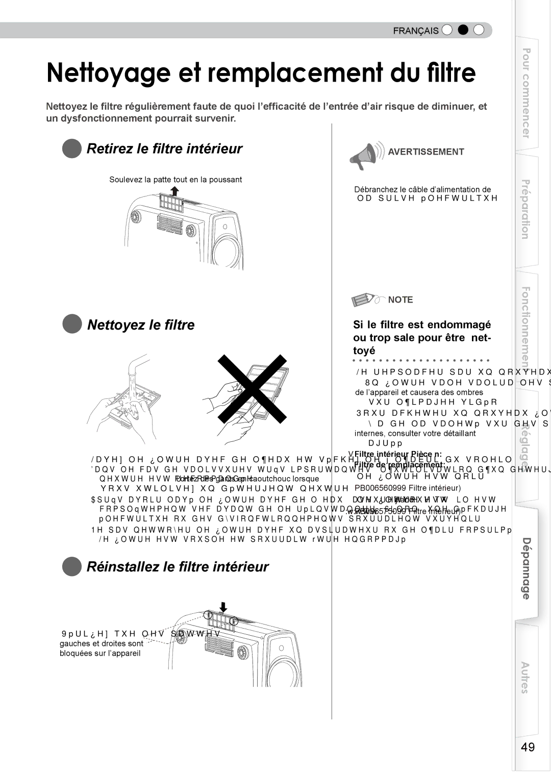 JVC DLA-HD350 manual Retirez le filtre intérieur, Nettoyez le filtre, Réinstallez le filtre intérieur 