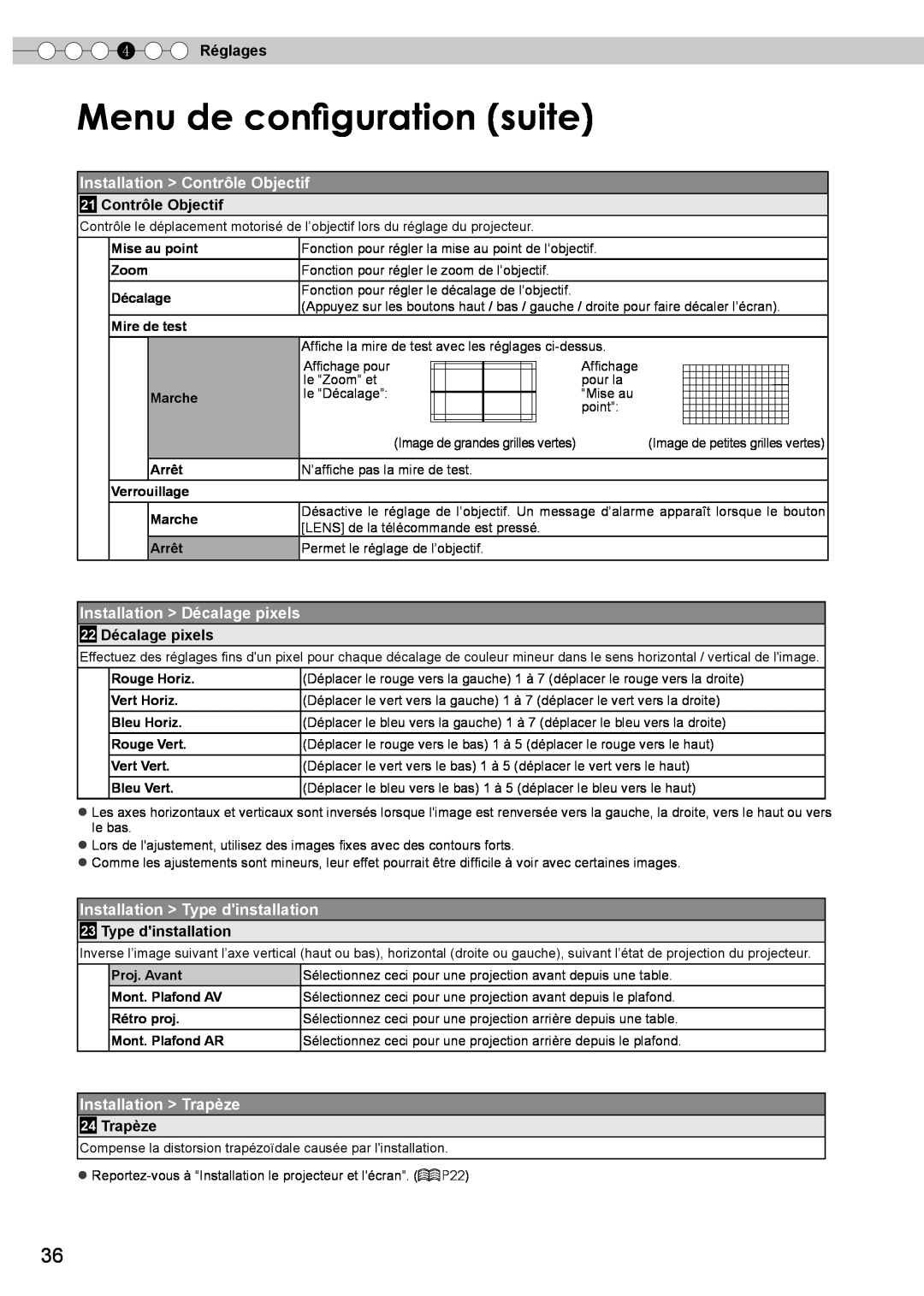 JVC DLA-HD350 manual Menu de configuration suite, Installation Contrôle Objectif, Installation Décalage pixels, 4 Réglages 