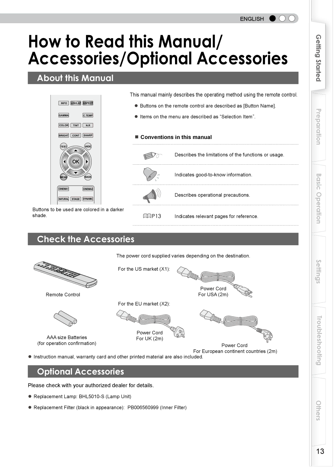 JVC DLA-HD750 About this Manual, Check the Accessories, Optional Accessories, Conventions in this manual 