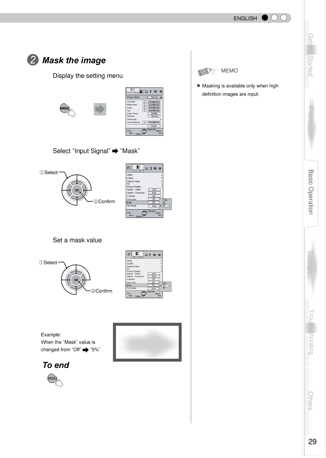 JVC DLA-HD750 manual Mask the image, To end 