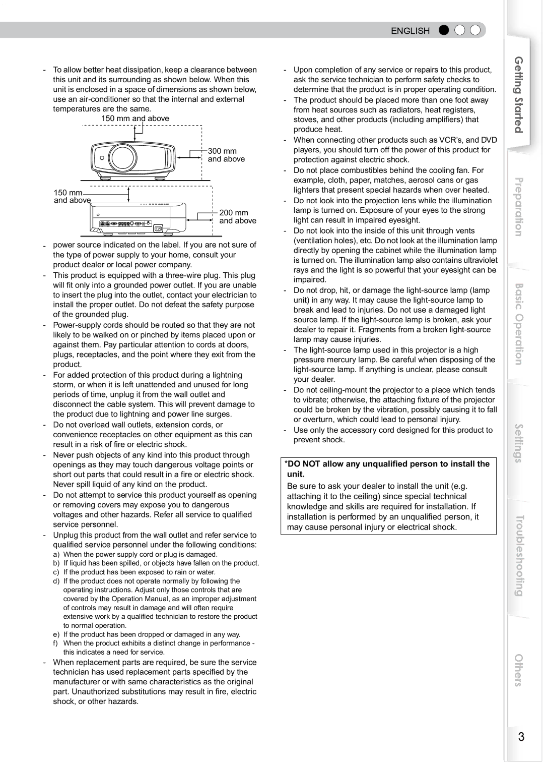 JVC DLA-HD750 manual English, Do not allow any unqualified person to install the unit 