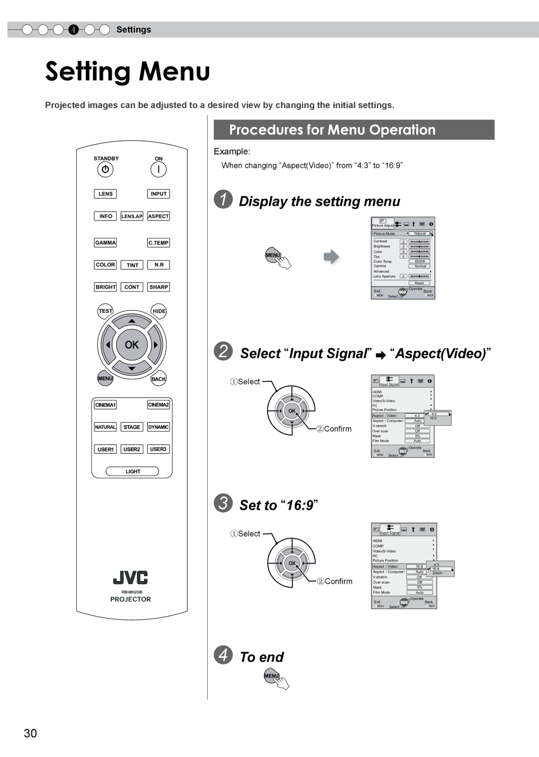 JVC DLA-HD750 manual Setting Menu, Procedures for Menu Operation, Display the setting menu, Select Input Signal AspectVideo 