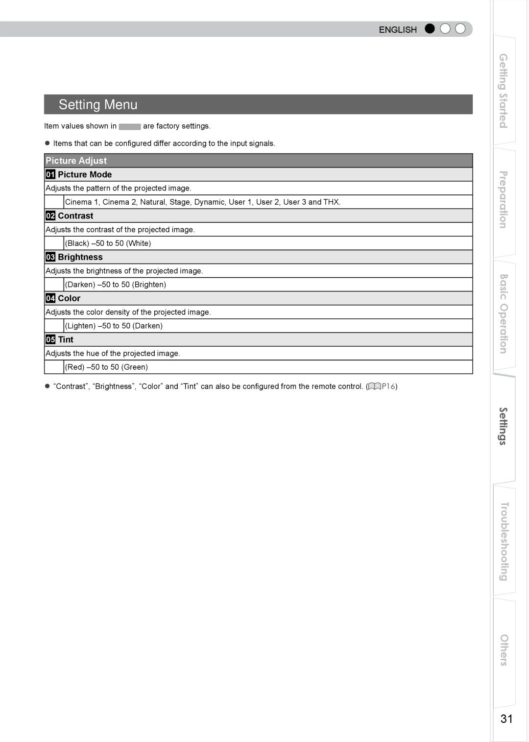 JVC DLA-HD750 manual Setting Menu, Picture Adjust 