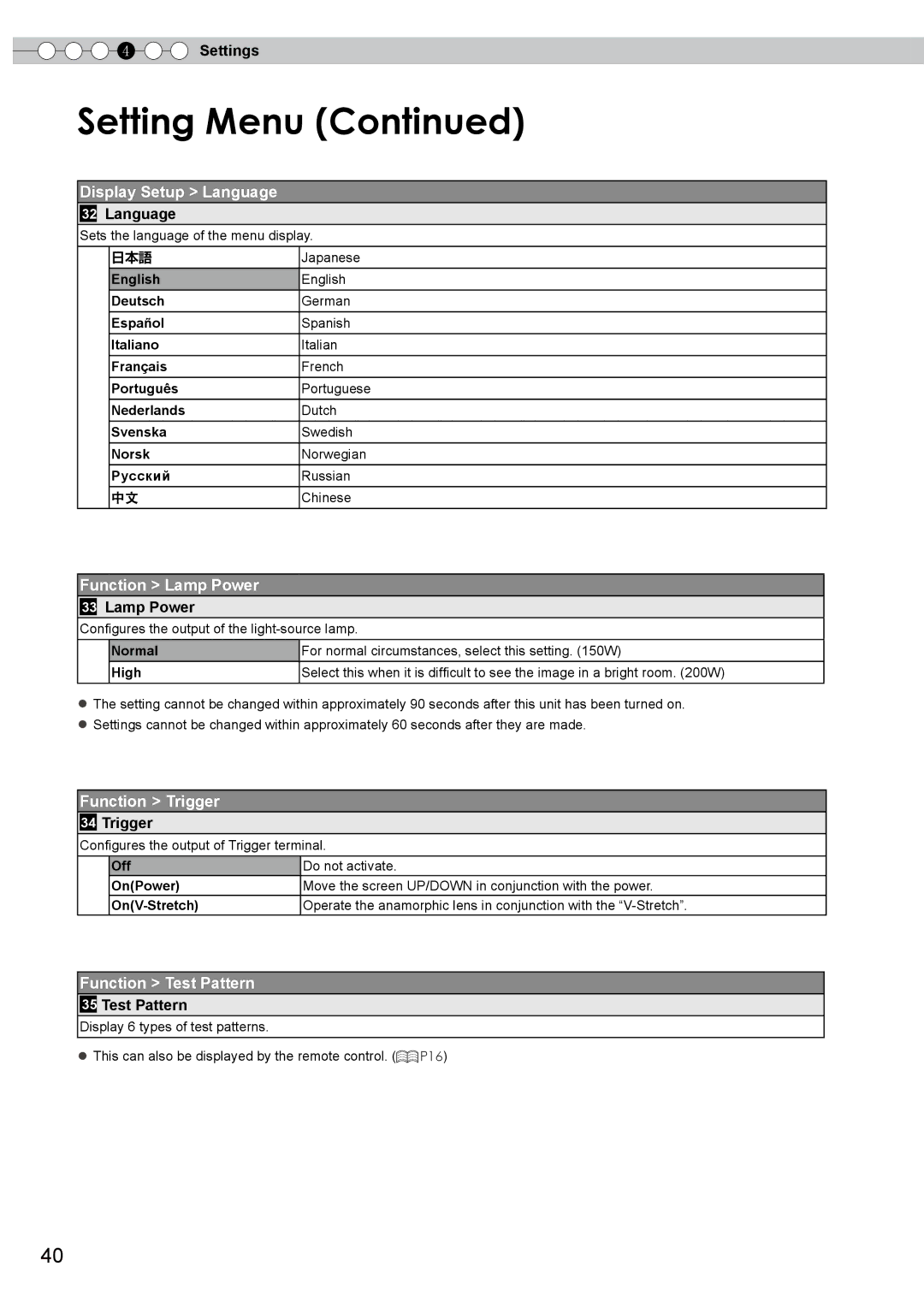 JVC DLA-HD750 manual Display Setup Language, Function Lamp Power, Function Trigger, Function Test Pattern 