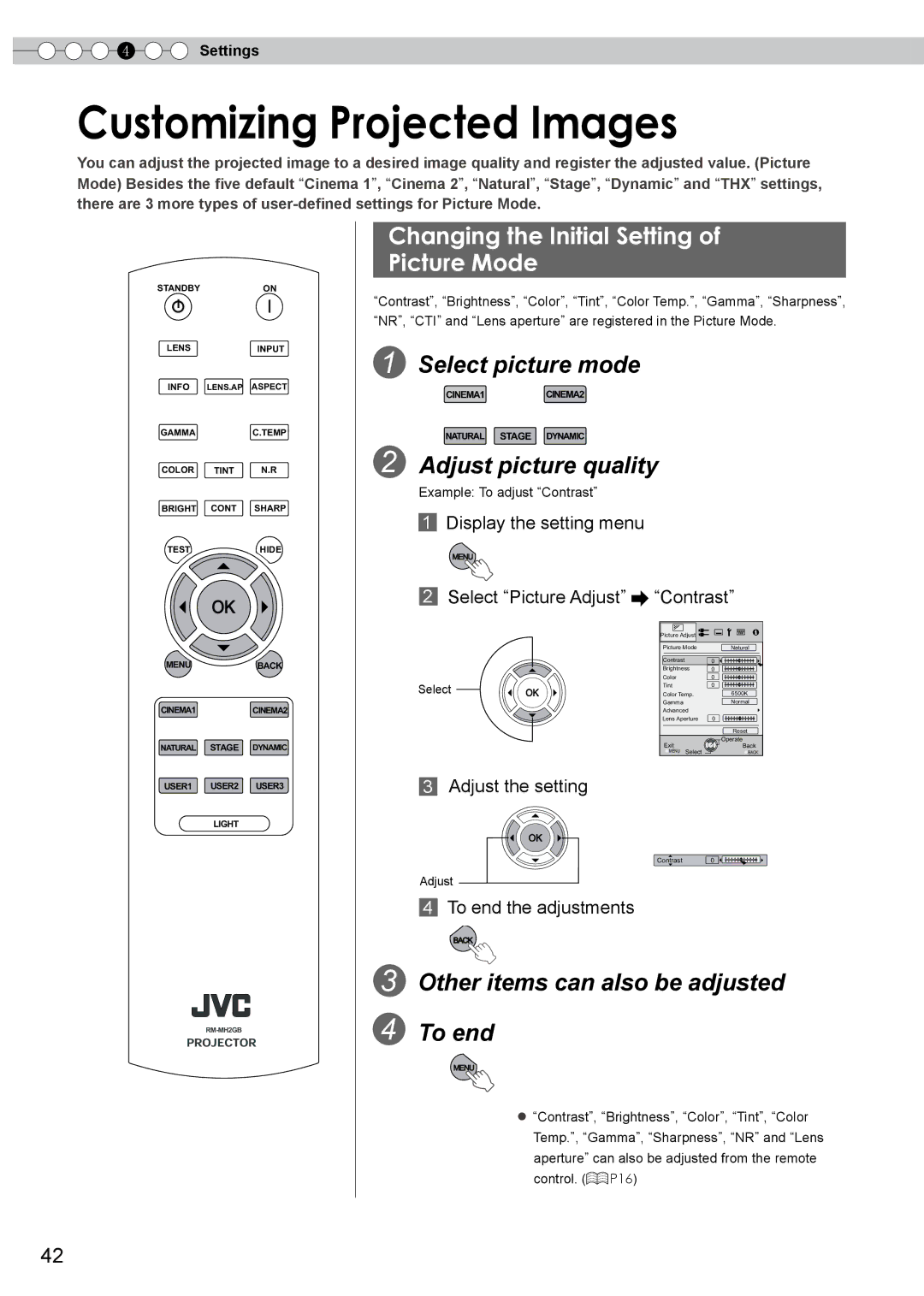 JVC DLA-HD750 manual Customizing Projected Images, Changing the Initial Setting Picture Mode, Select picture mode 