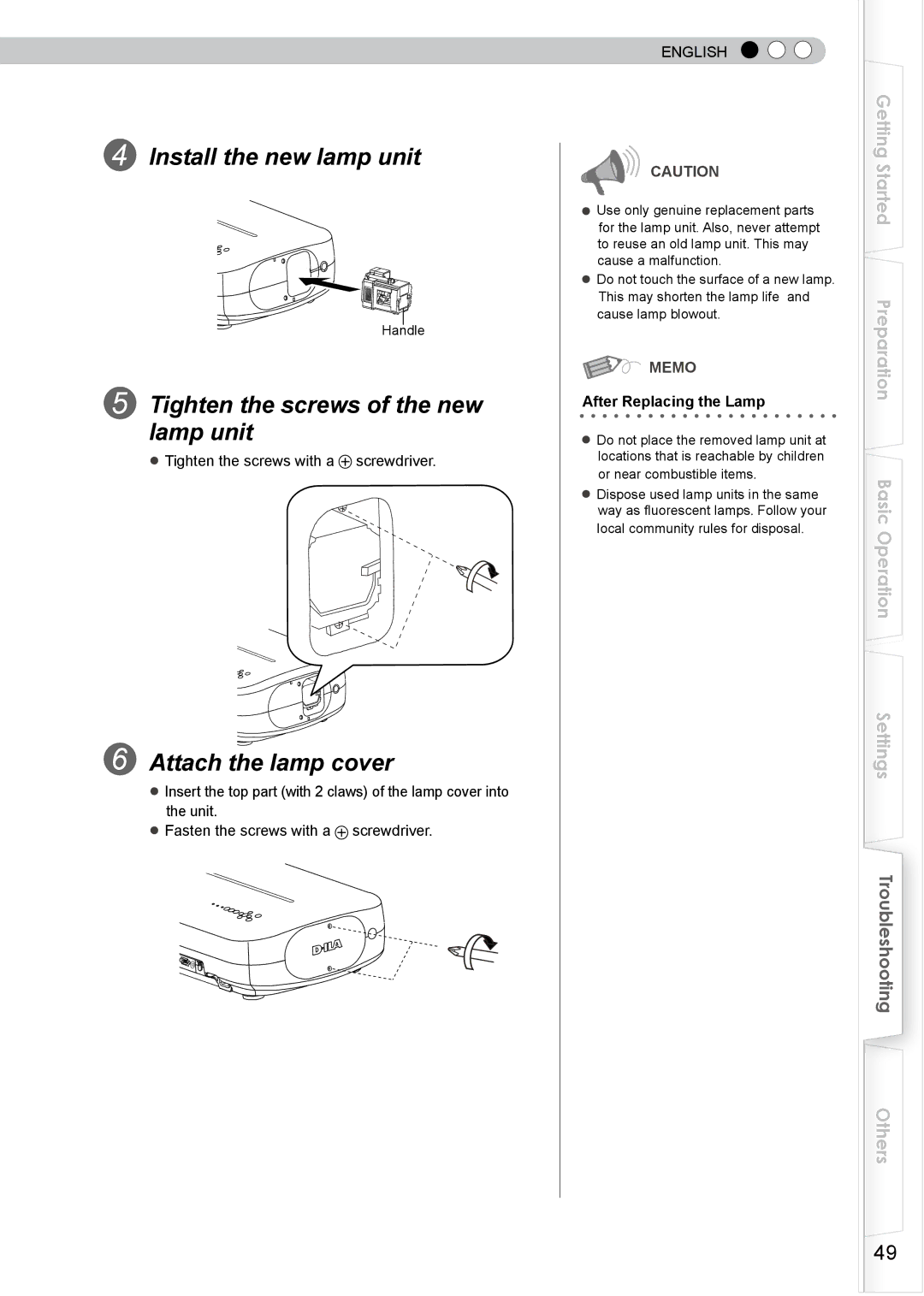 JVC DLA-HD750 manual Install the new lamp unit, Tighten the screws of the new lamp unit, Attach the lamp cover 