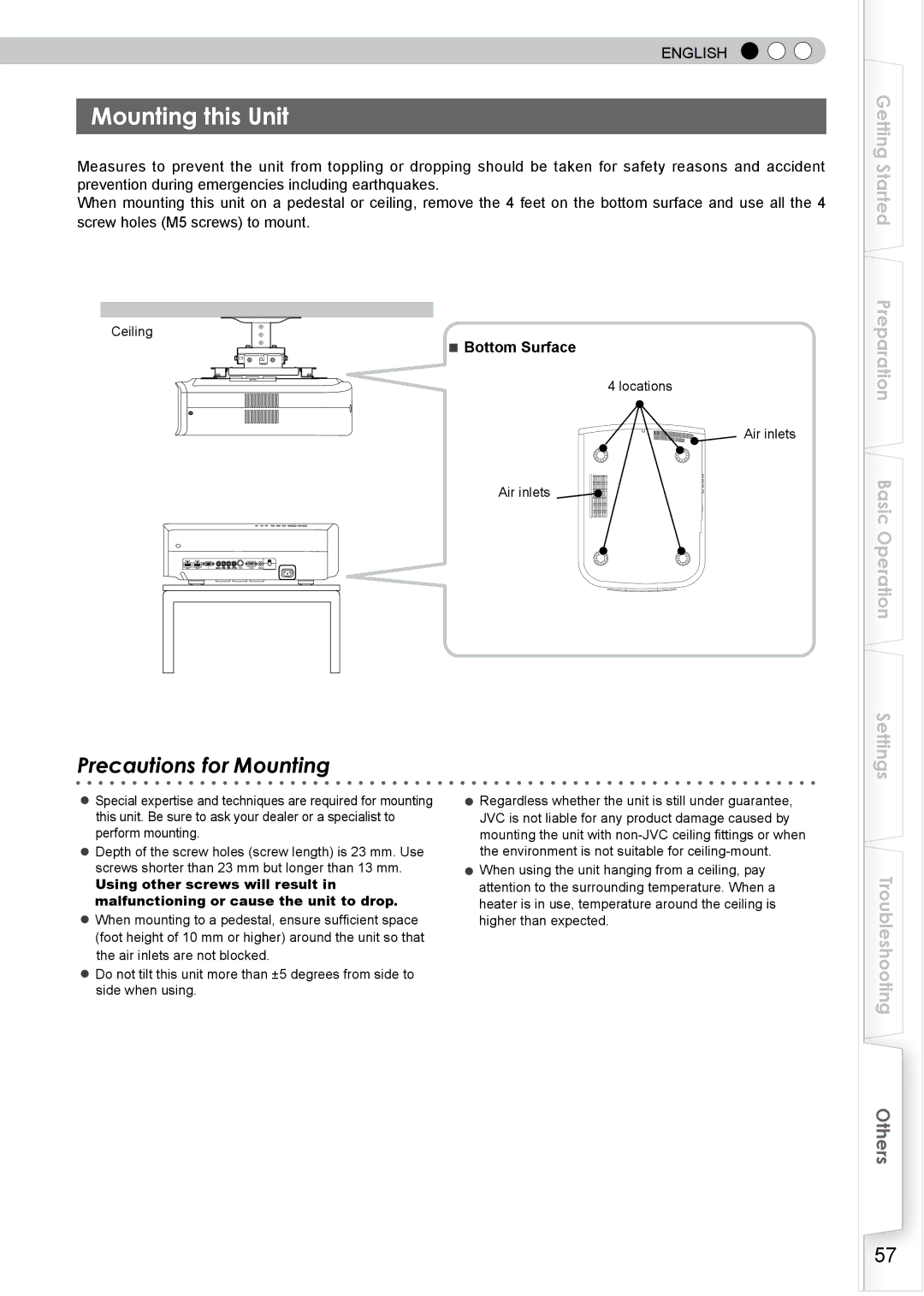 JVC DLA-HD750 manual Mounting this Unit, Ceiling, Locations Air inlets 