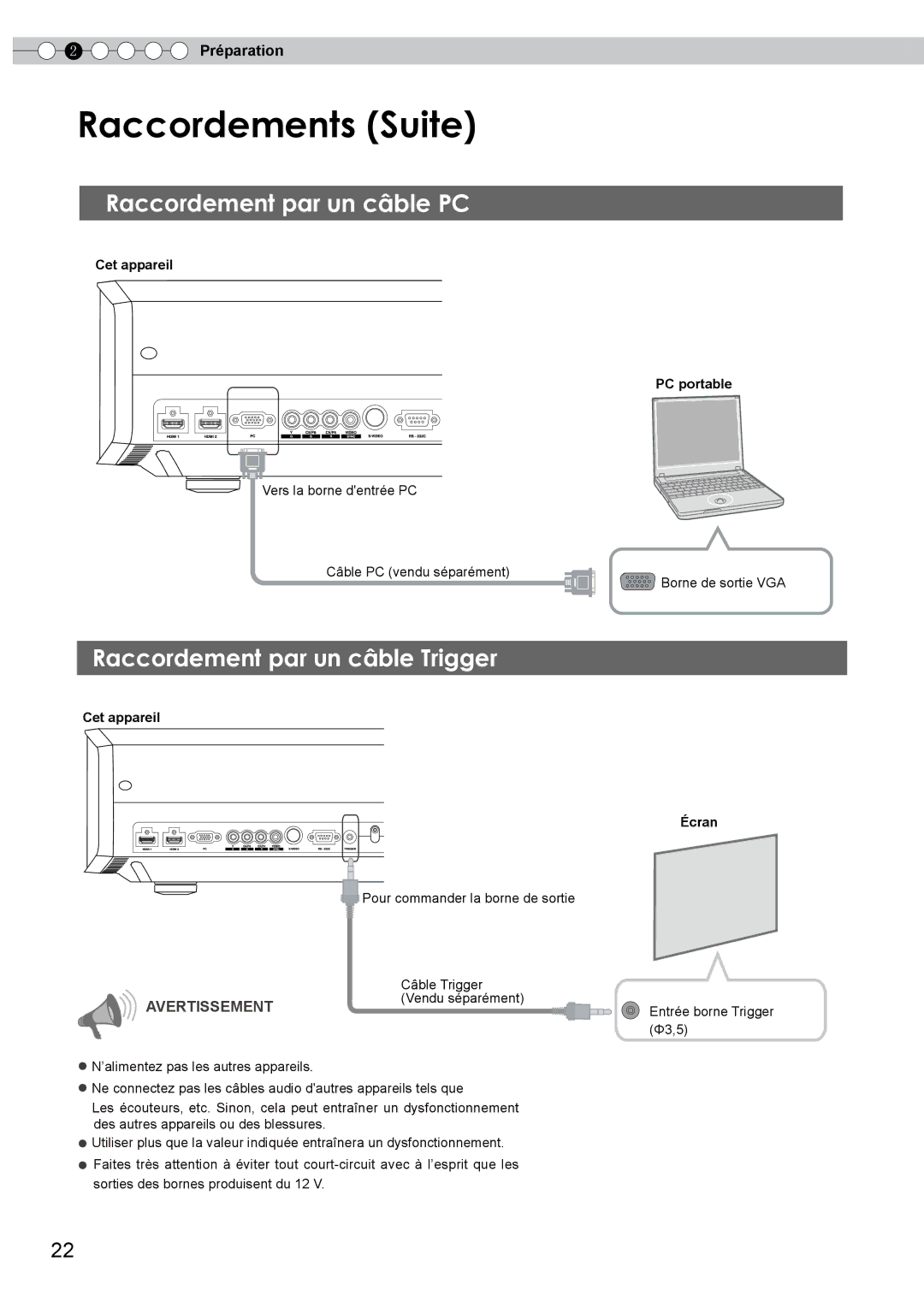 JVC DLA-HD750 manual Raccordement par un câble PC, Raccordement par un câble Trigger, Cet appareil PC portable 