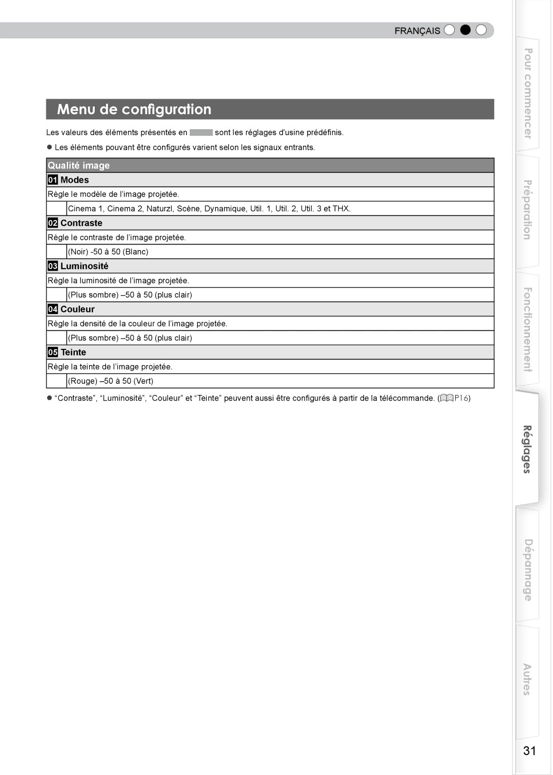 JVC DLA-HD750 manual Menu de configuration, Qualité image 