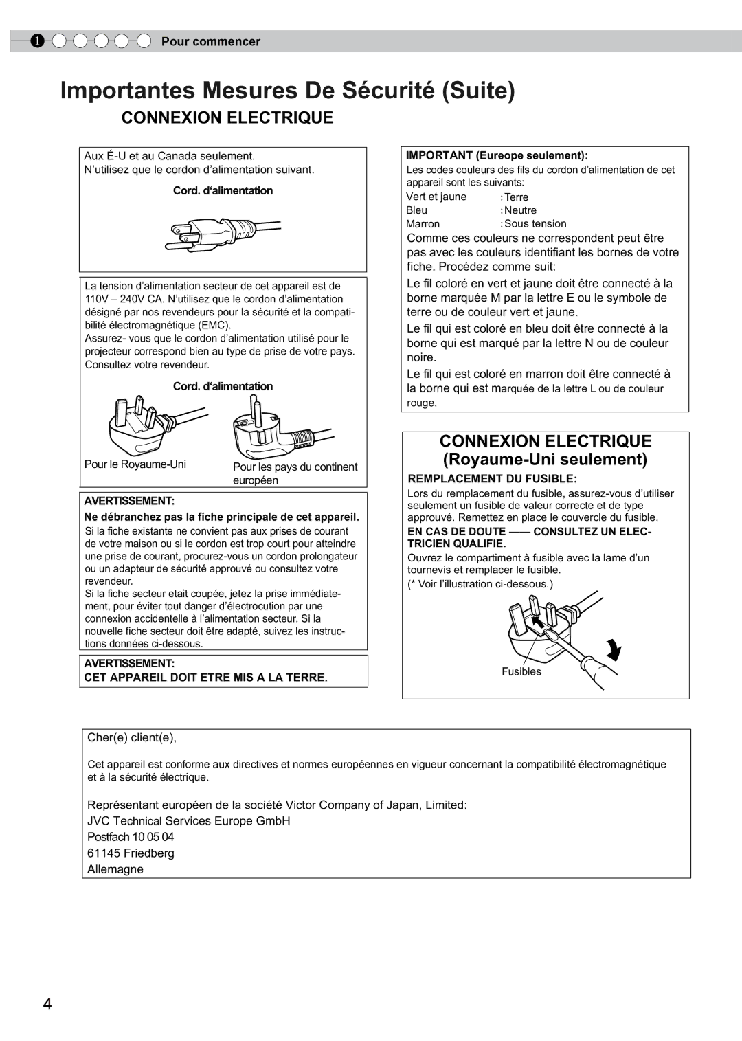 JVC DLA-HD750 Cord. d‘alimentation, Ne débranchez pas la fiche principale de cet appareil, Important Eureope seulement 