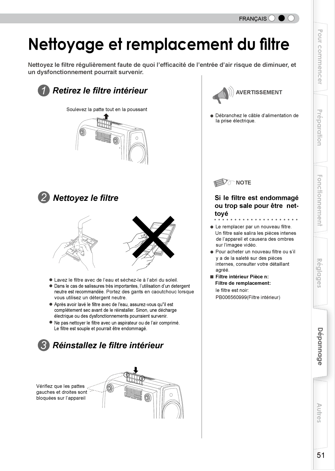 JVC DLA-HD750 manual Retirez le filtre intérieur, Nettoyez le filtre, Réinstallez le filtre intérieur 