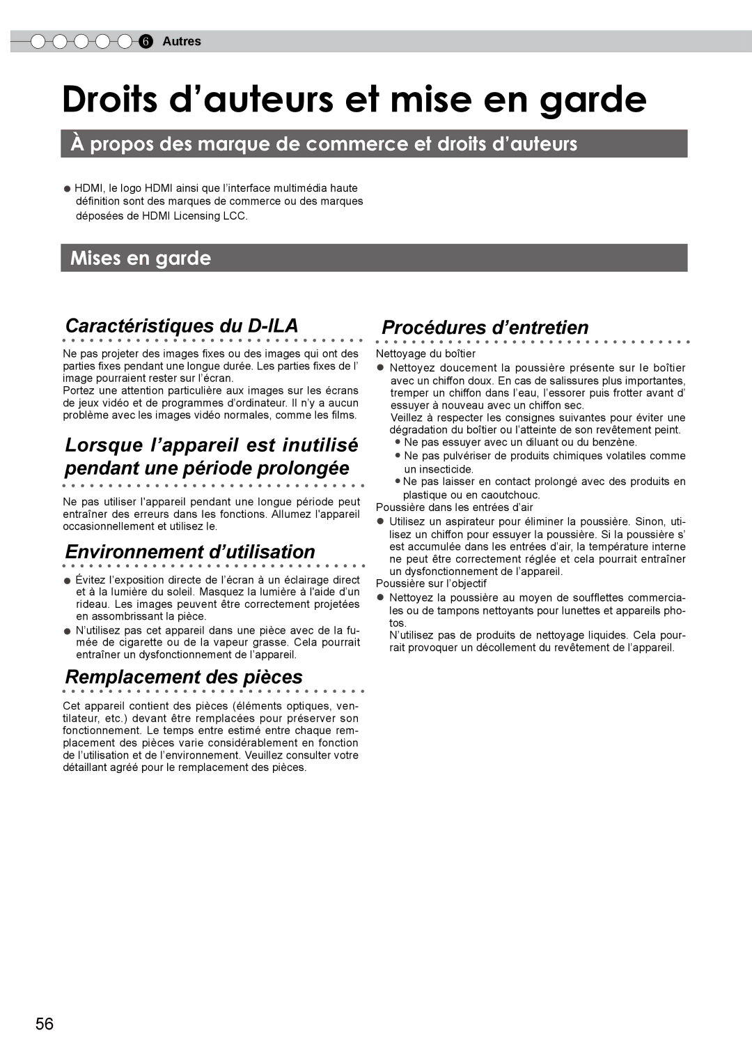 JVC DLA-HD750 manual Droits d’auteurs et mise en garde, Propos des marque de commerce et droits d’auteurs, Mises en garde 