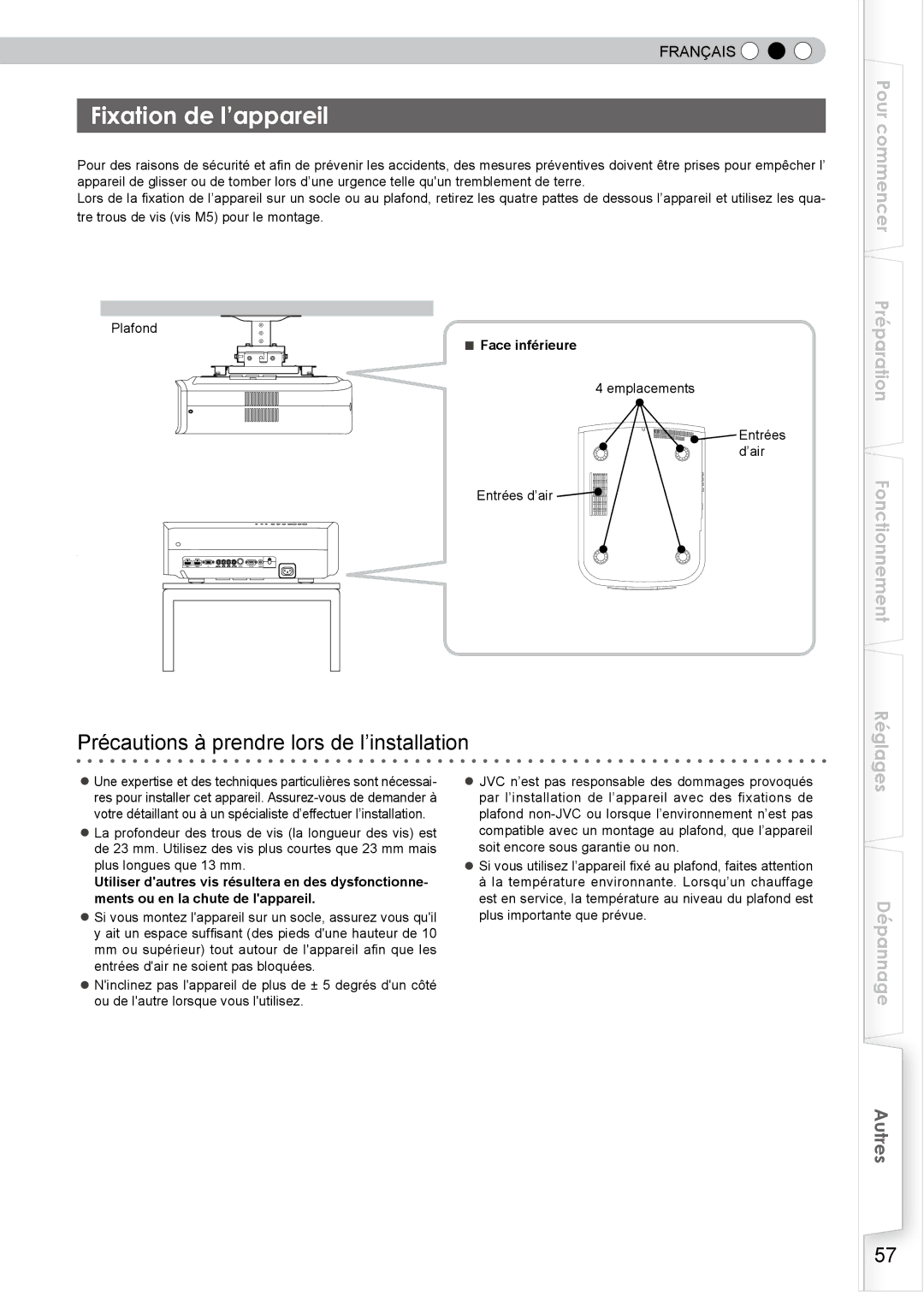 JVC DLA-HD750 manual Fixation de l’appareil, Face inférieure 