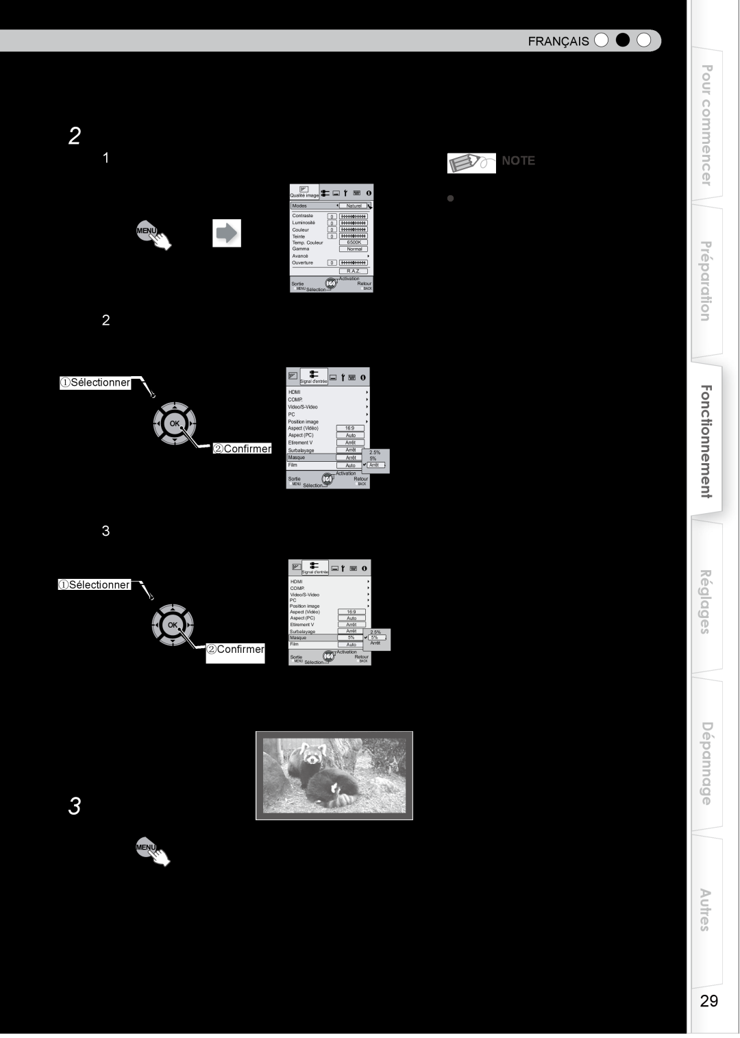 JVC DLA-HD750 Masquer l’image, Pour terminer, Affichez le menu de configuration, Choisissez “Signal dentrée” “Masque” 