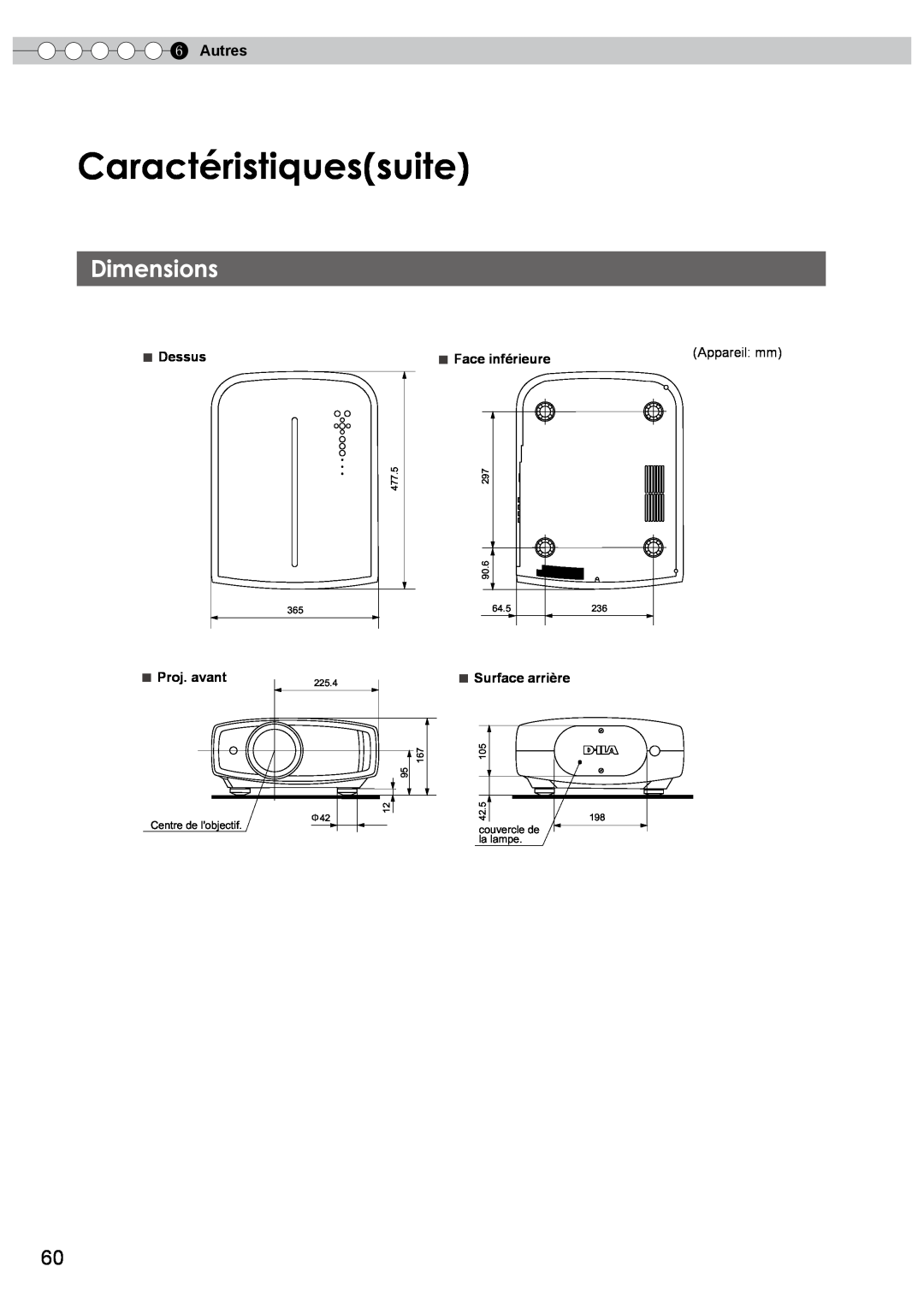 JVC DLA-HD750 manual Caractéristiquessuite, Dimensions, Autres, Appareil mm, Centre de lobjectif, couvercle de la lampe 
