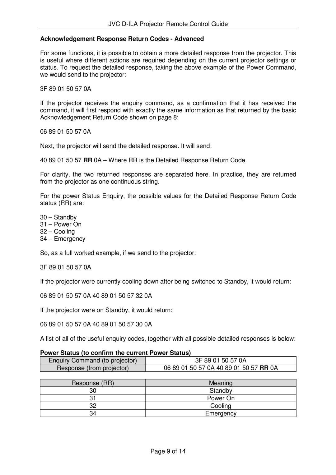 JVC DLA-HD550, DLA-HD990 Acknowledgement Response Return Codes Advanced, Power Status to confirm the current Power Status 