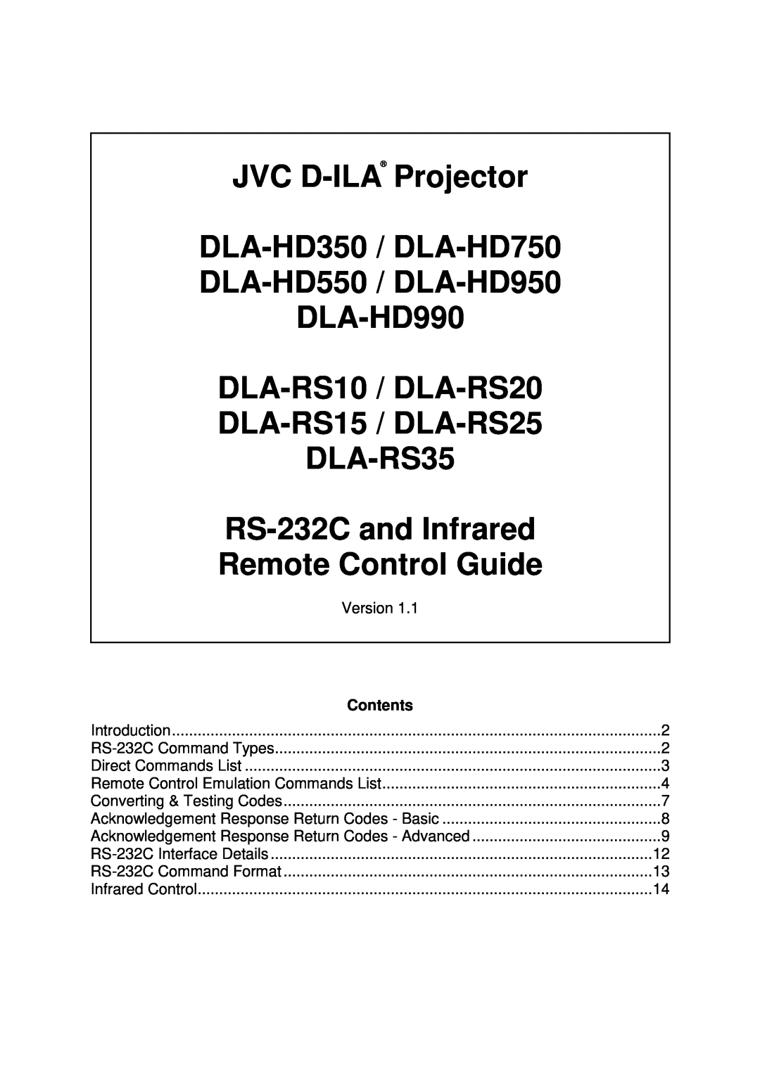 JVC manual JVC D-ILA Projector, RS-232C, LAN, and Infrared, Remote Control Guide, DLA-HD350 DLA-HD750, Contents 