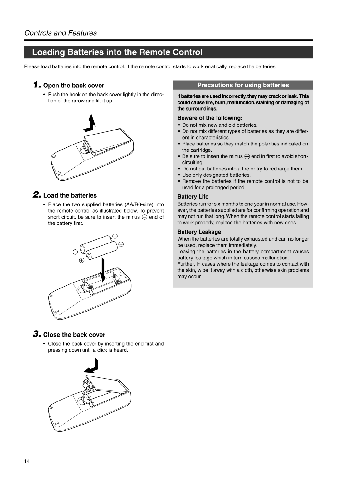 JVC DLA-HX2U Loading Batteries into the Remote Control, Open the back cover, Load the batteries, Close the back cover 