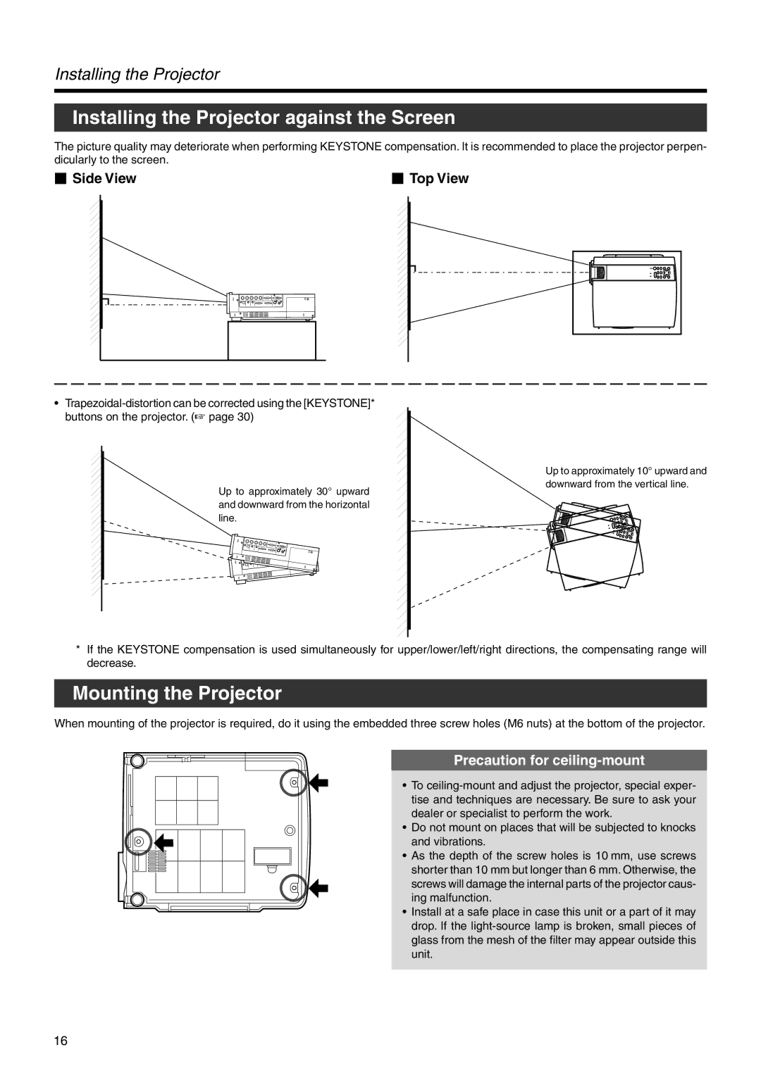 JVC DLA-HX2U, DLA-HX2E manual Installing the Projector against the Screen, Mounting the Projector,  Side View  Top View 