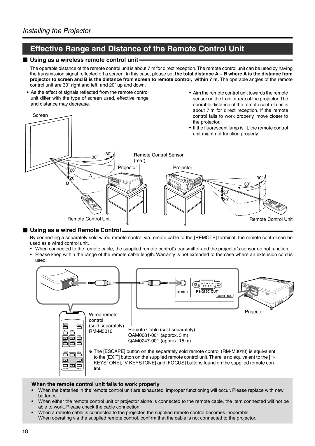 JVC DLA-HX2U, DLA-HX2E Effective Range and Distance of the Remote Control Unit,  Using as a wireless remote control unit 