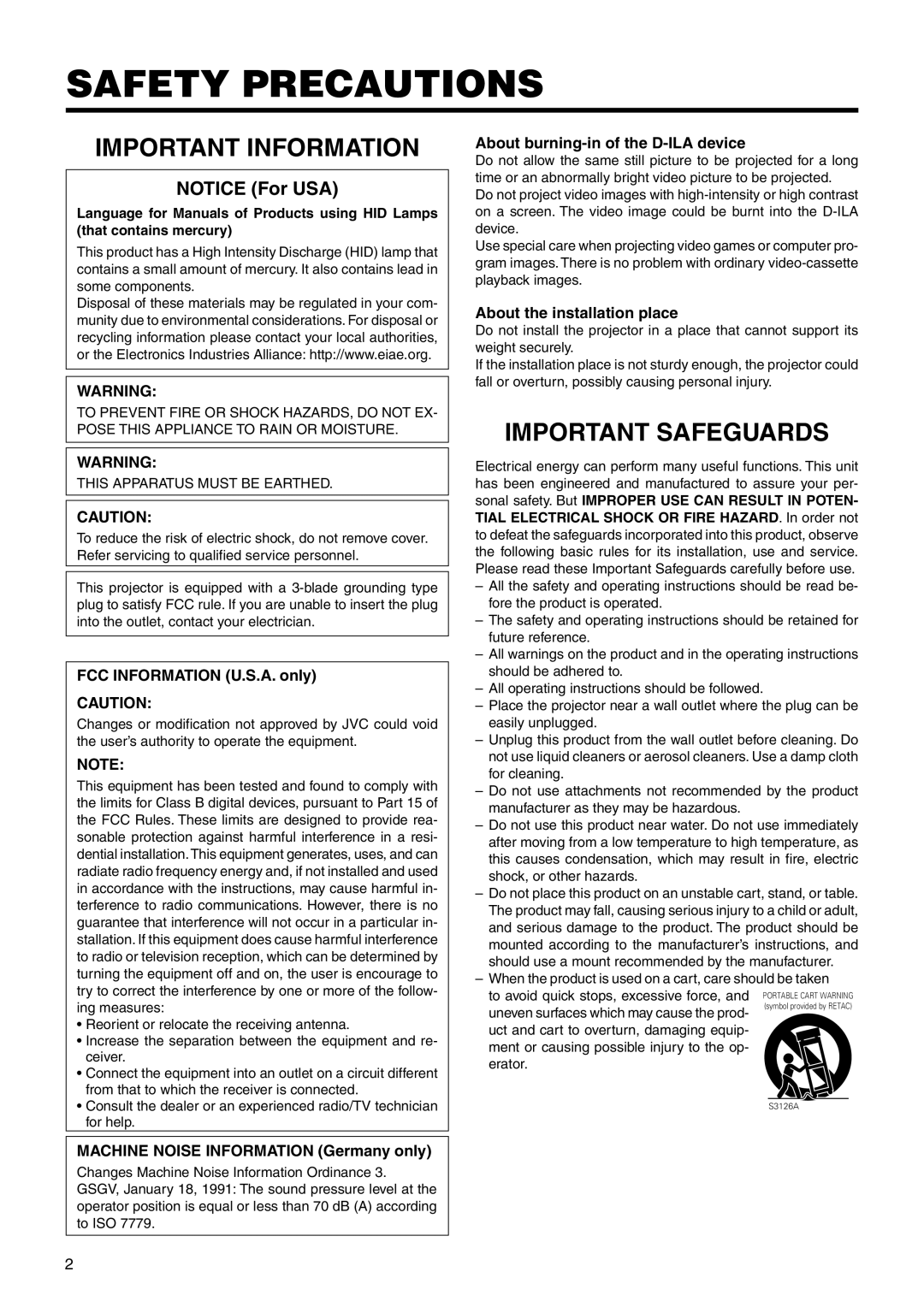 JVC DLA-HX2U, DLA-HX2E manual FCC Information U.S.A. only, Machine Noise Information Germany only 