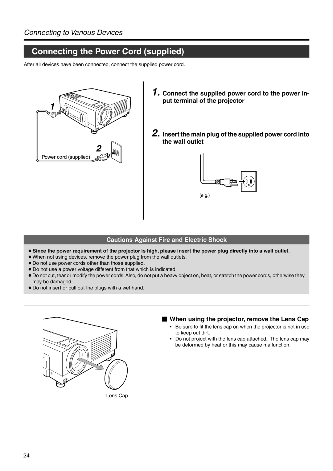 JVC DLA-HX2U, DLA-HX2E manual Connecting the Power Cord supplied,  When using the projector, remove the Lens Cap 