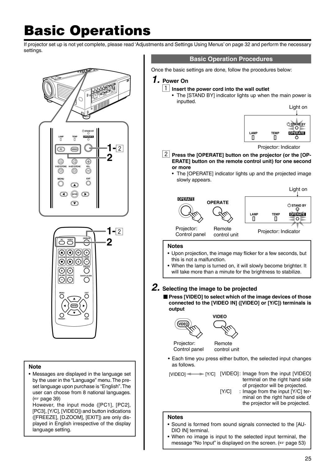 JVC DLA-HX2E, DLA-HX2U manual Basic Operations, Basic Operation Procedures, Power On, Selecting the image to be projected 