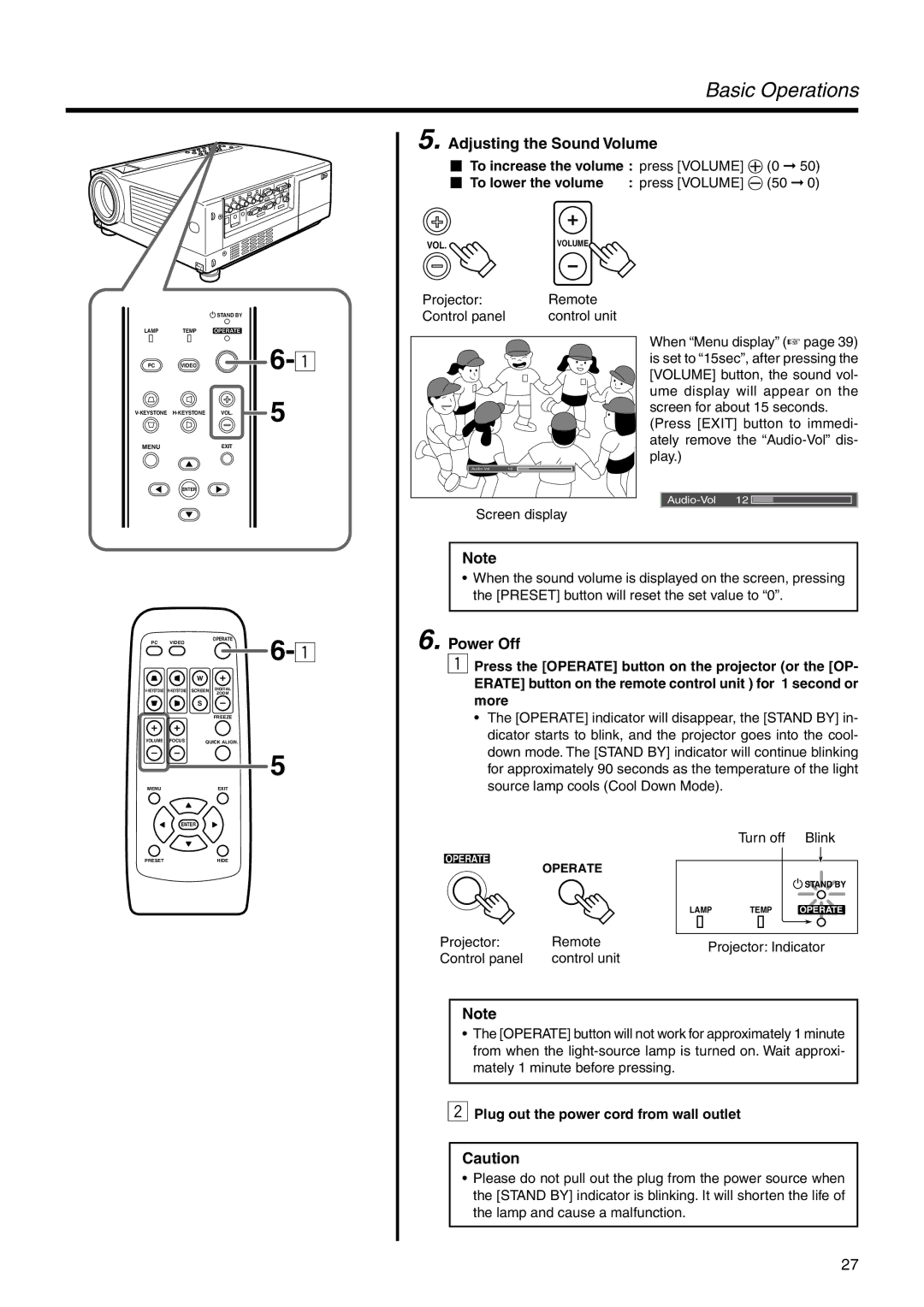 JVC DLA-HX2E, DLA-HX2U manual Adjusting the Sound Volume, Power Off, Press Volume · 50, Turn off Blink 