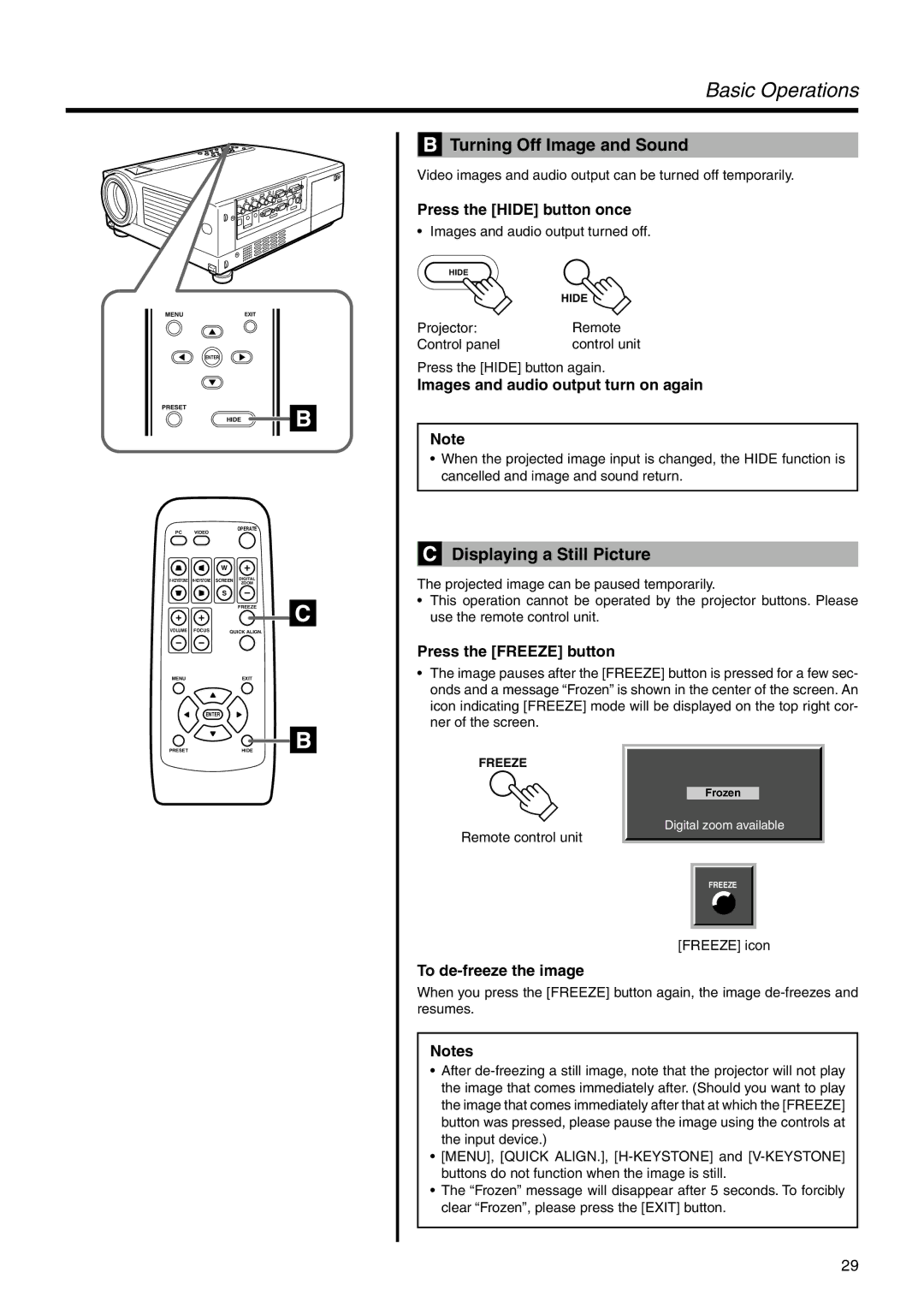 JVC DLA-HX2E, DLA-HX2U manual Turning Off Image and Sound, Displaying a Still Picture 