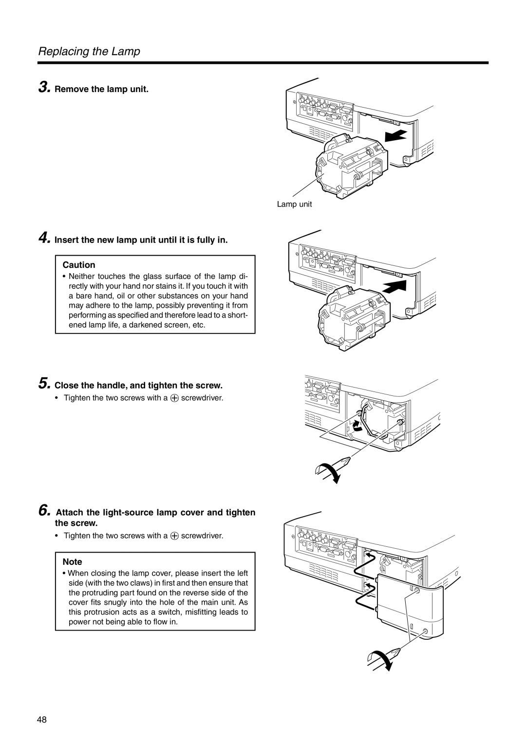 JVC DLA-HX2U, DLA-HX2E manual Replacing the Lamp, Remove the lamp unit, Insert the new lamp unit until it is fully 