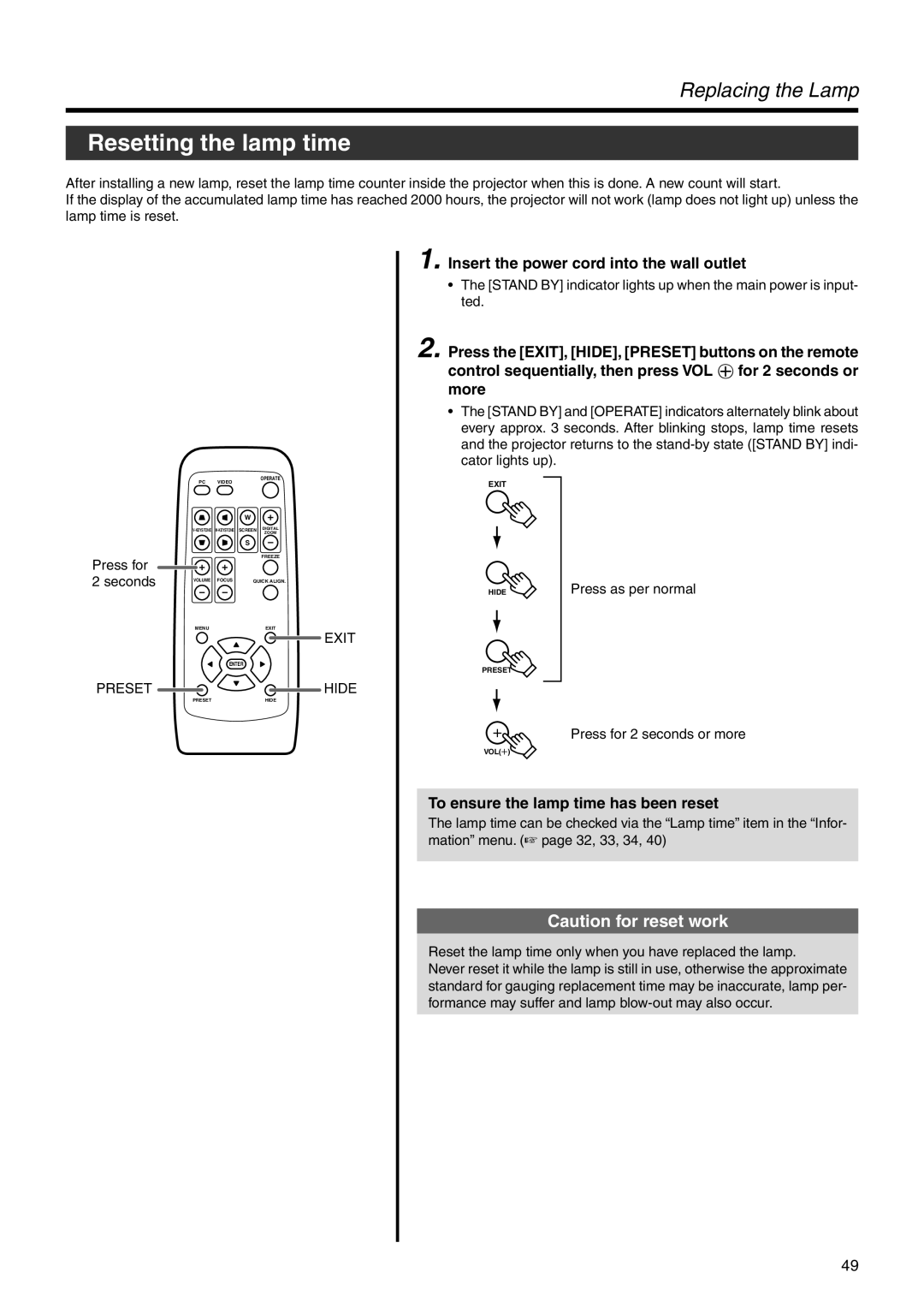 JVC DLA-HX2E Resetting the lamp time, Insert the power cord into the wall outlet, To ensure the lamp time has been reset 