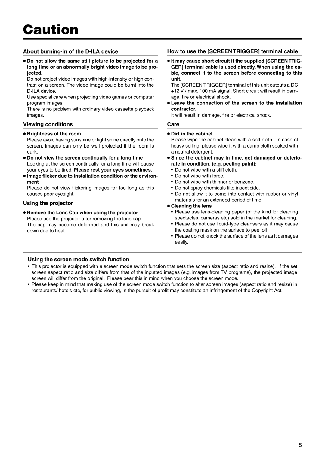 JVC DLA-HX2E, DLA-HX2U manual About burning-in of the D-ILA device, Viewing conditions, Using the projector, Care 