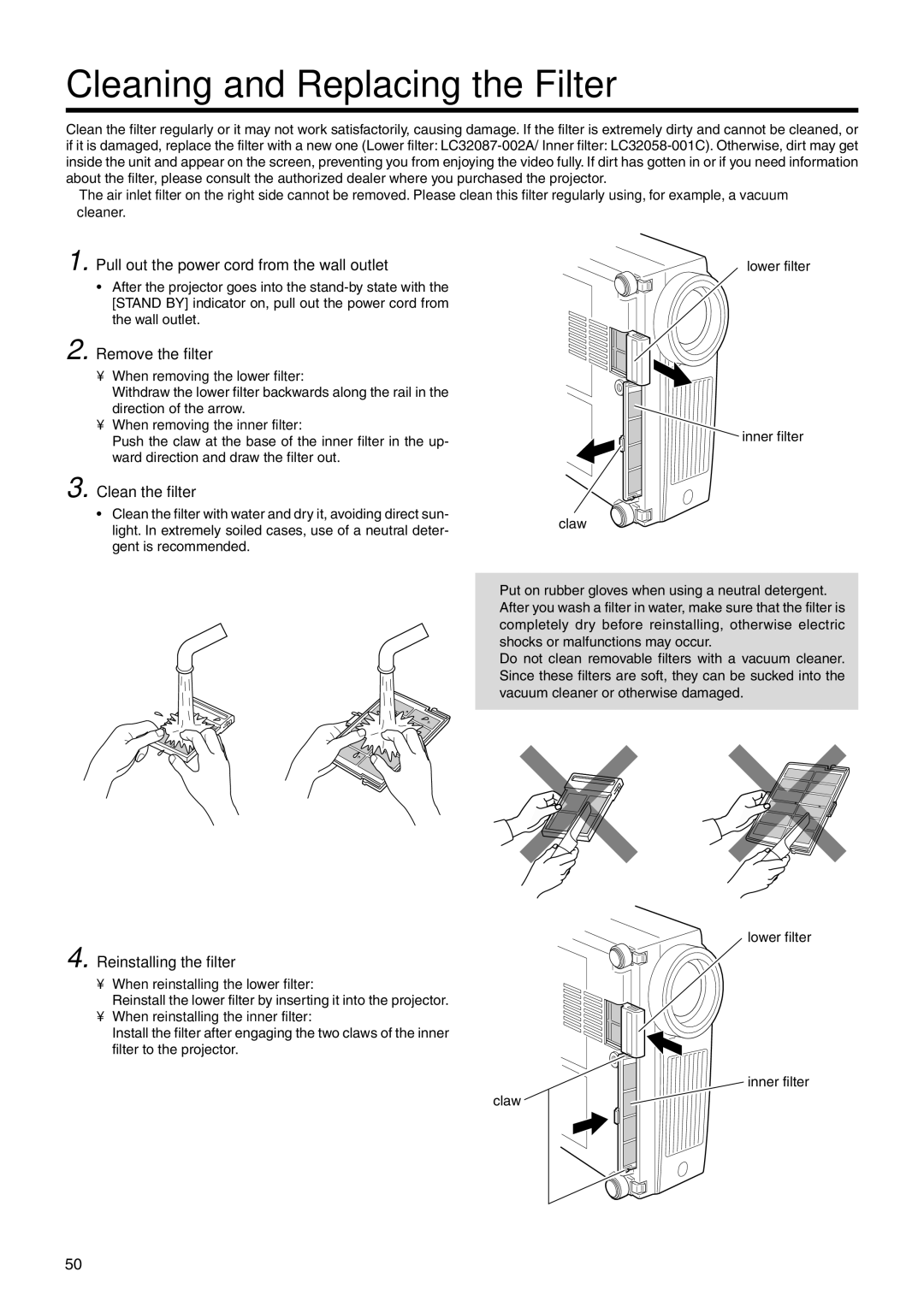 JVC DLA-HX2U, DLA-HX2E Cleaning and Replacing the Filter, Pull out the power cord from the wall outlet, Remove the filter 