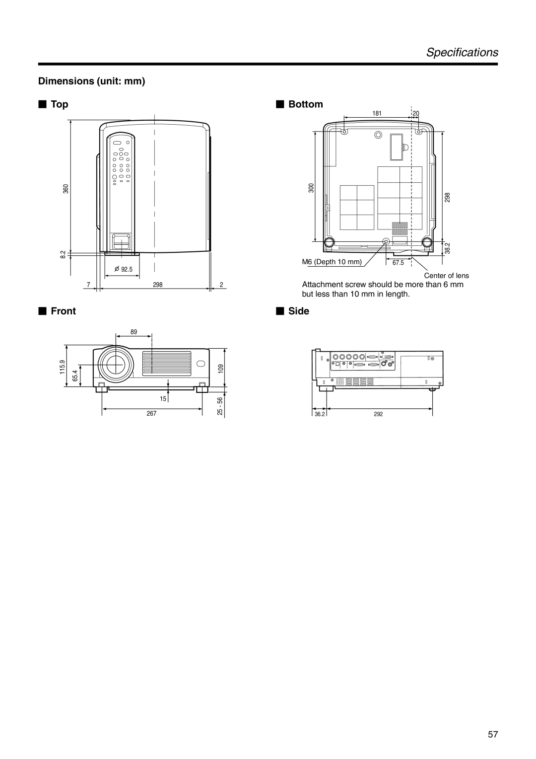 JVC DLA-HX2E, DLA-HX2U manual Specifications, Dimensions unit mm  Top,  Front,  Bottom,  Side 