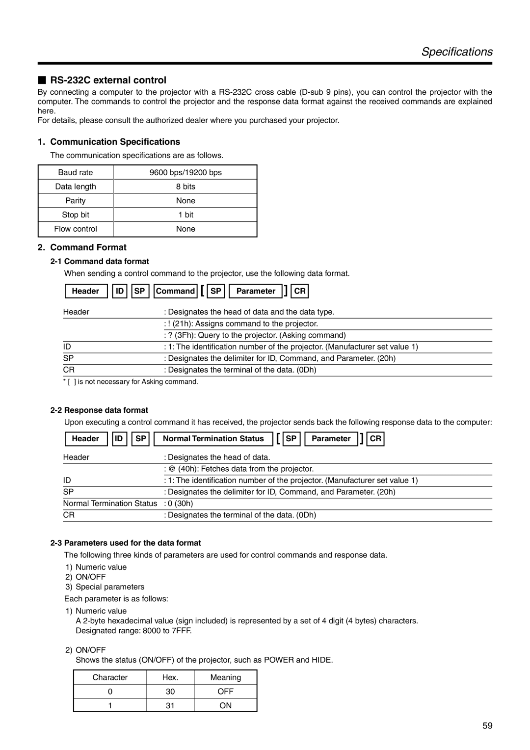 JVC DLA-HX2E, DLA-HX2U manual  RS-232C external control, Communication Specifications, Command Format 