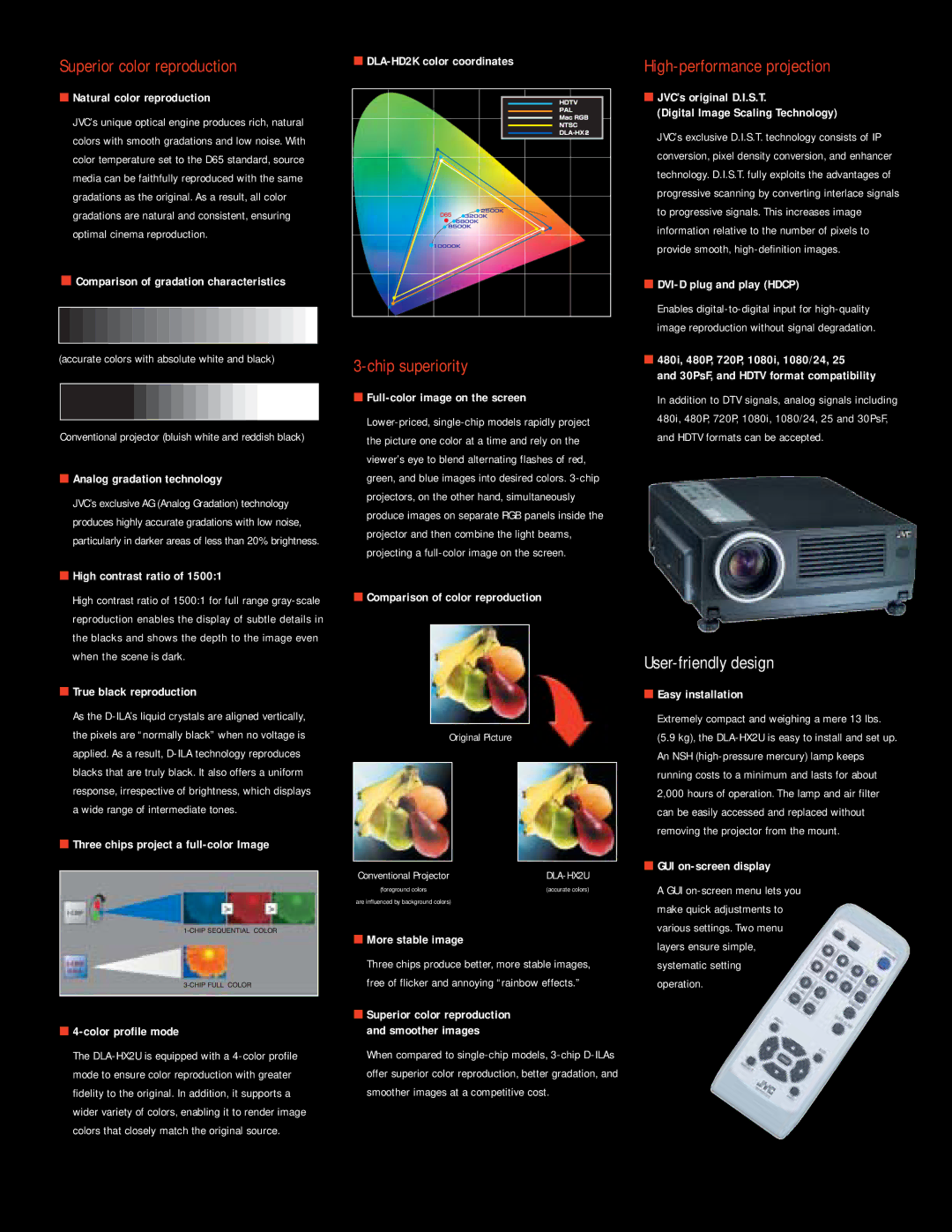 JVC DLA-HX2U3 manual Superior color reproduction, Chip superiority, High-performance projection 