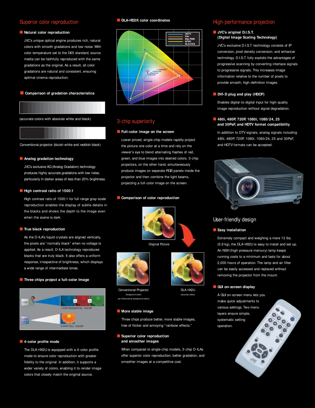 JVC DLA-HX2U3 manual Superior color reproduction, chip superiority, High-performance projection, User-friendly design 