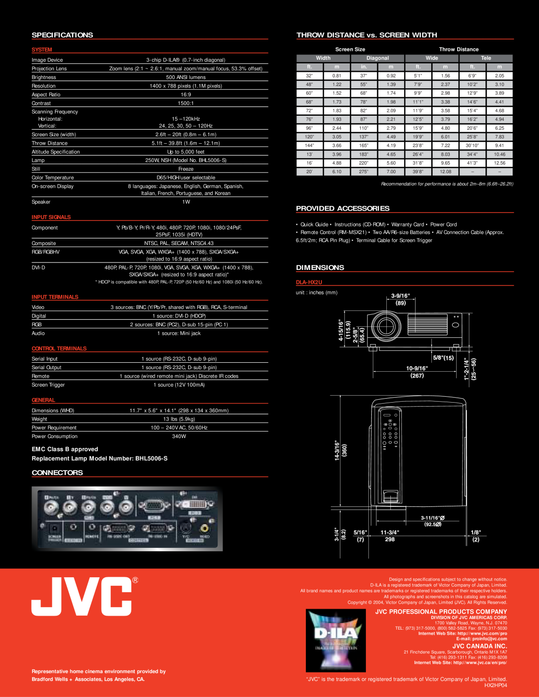 JVC DLA-HX2U3 manual Specifications, Connectors, THROW DISTANCE vs. SCREEN WIDTH, Provided Accessories, Dimensions, System 