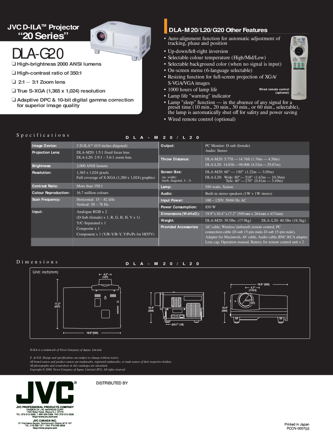 JVC DLA-L20 High-brightness 2000 ANSI lumens High-contrast ratio of, 21 - 31 Zoom lens True S-XGA 1,365 x 1,024 resolution 