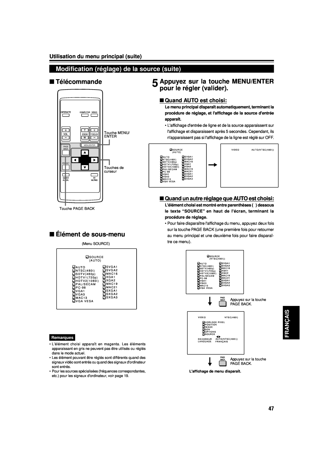JVC DLA-M15U Modification réglage de la source suite, Appuyez sur la touche MENU/ENTER pour le régler valider, Français 